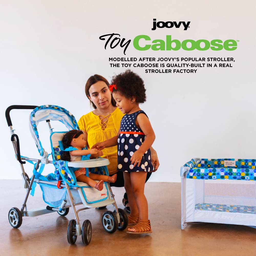 Joovy Toy Caboose Baby Doll Stroller - Reclining Front Seat, Adjustable Footrest, Storage Basket & Extendable Canopy | Holds 3 Dolls | Blue Dot | Perfect for Pretend Play, Daycare & Indoor/Outdoor Playtime