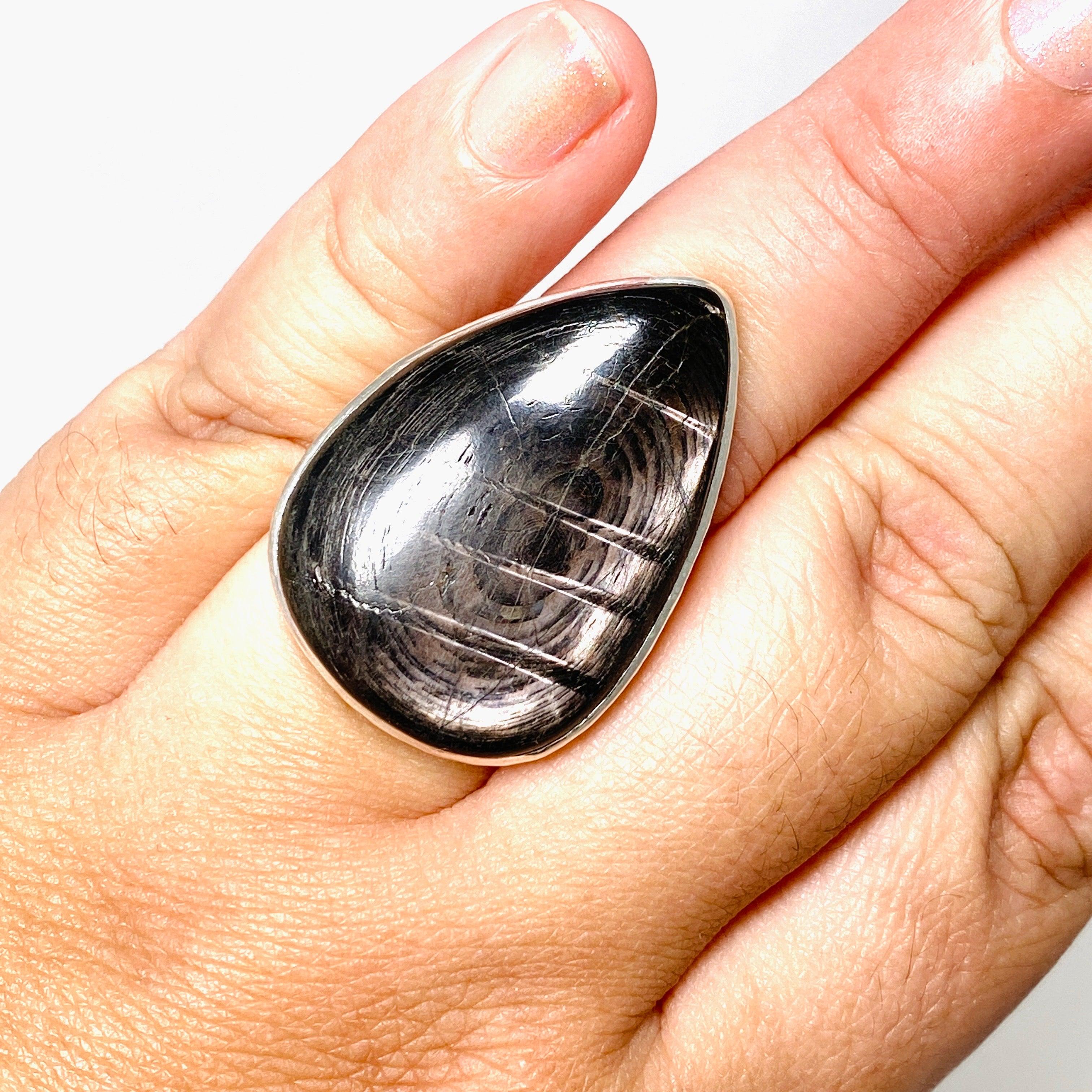 Hypersthene Teardrop Hammered Band Ring - Size 10 - KRGJ3151 | Handmade Boho Jewelry for Women, Gift for Her, Wedding, Anniversary & Everyday Wear