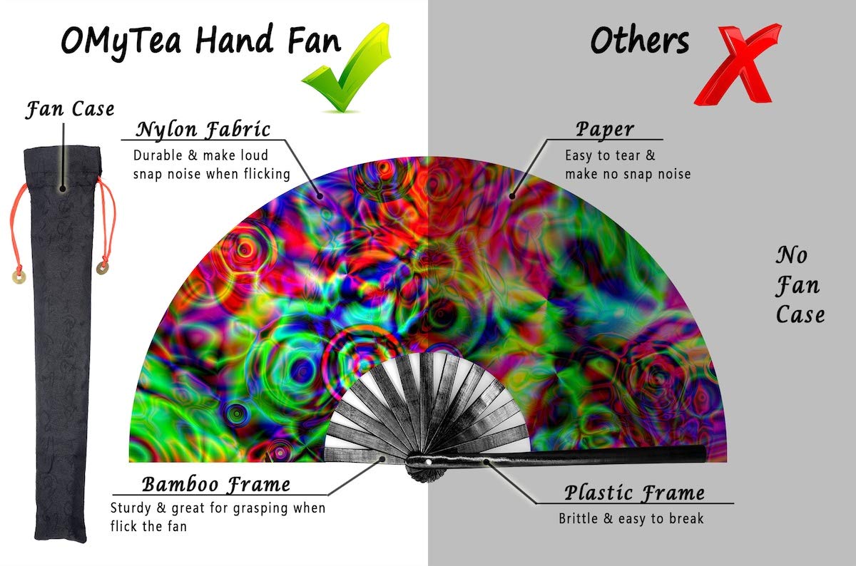 OMyTea 13'' Large Rave Folding Hand Fan for Men & Women - Portable Clack Festival Fan with Disco Bass Design - Perfect for EDM Concerts, Music Festivals, Rave Parties and Outdoor Events