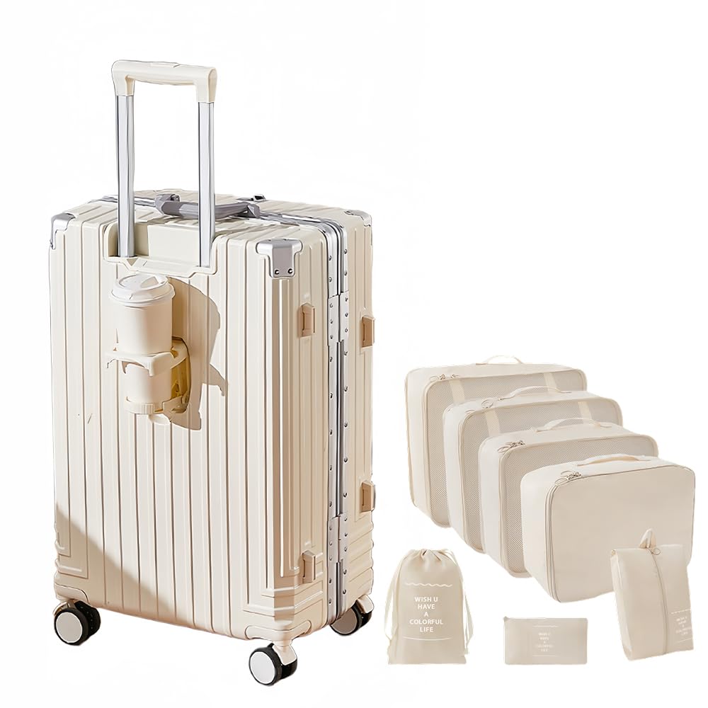 Premium 20-Inch Aluminum Frame Hardside Carry-On Luggage with Spinner Wheels, TSA Locks & Built-In Cup Holder - Zipperless Design & Organizer Bags Included (White) - Perfect for Business Travel, Weekend Getaways & Airplane Cabin Use