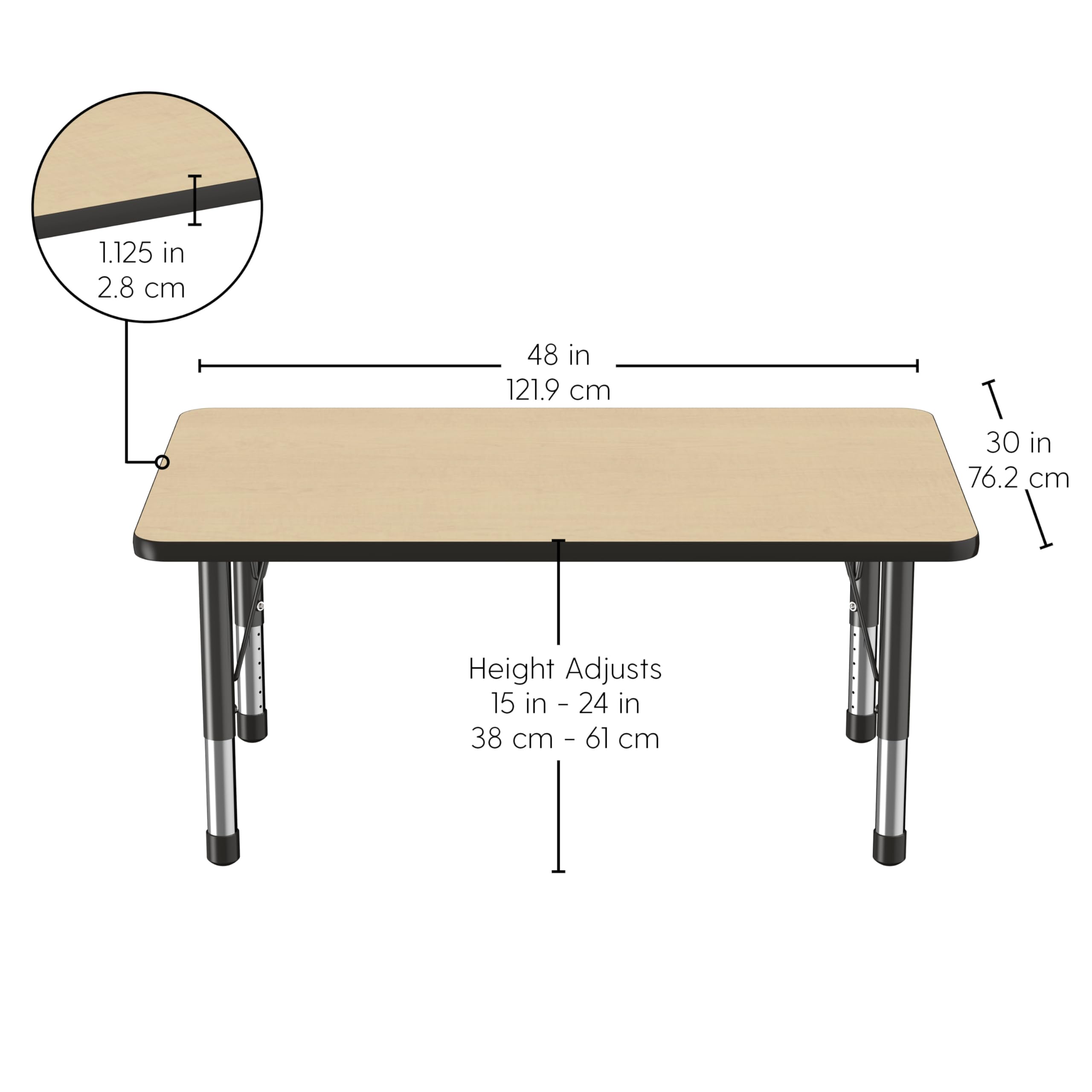 FDP Adjustable Height Kids Activity Table 30x48 Inch - Maple Top with Black Edge, Chunky Toddler Legs for School & Classroom (15-24 Inch Height) - Perfect for Preschool Learning, Daycare Centers & Home Playrooms