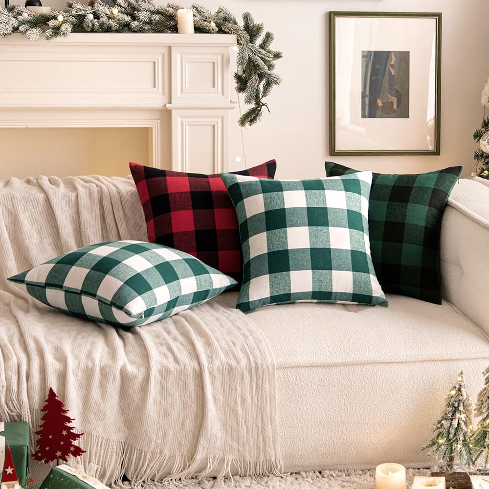 Woaboy 2-Pack Christmas Buffalo Check Throw Pillow Covers - 18x18 Inch Plaid Farmhouse Decorative Pillow Covers, Soft Linen Couch & Sofa Cushion Covers for Living Room, Bedroom - Green and Black - Perfect for Holiday Decor & Cozy Home Styling