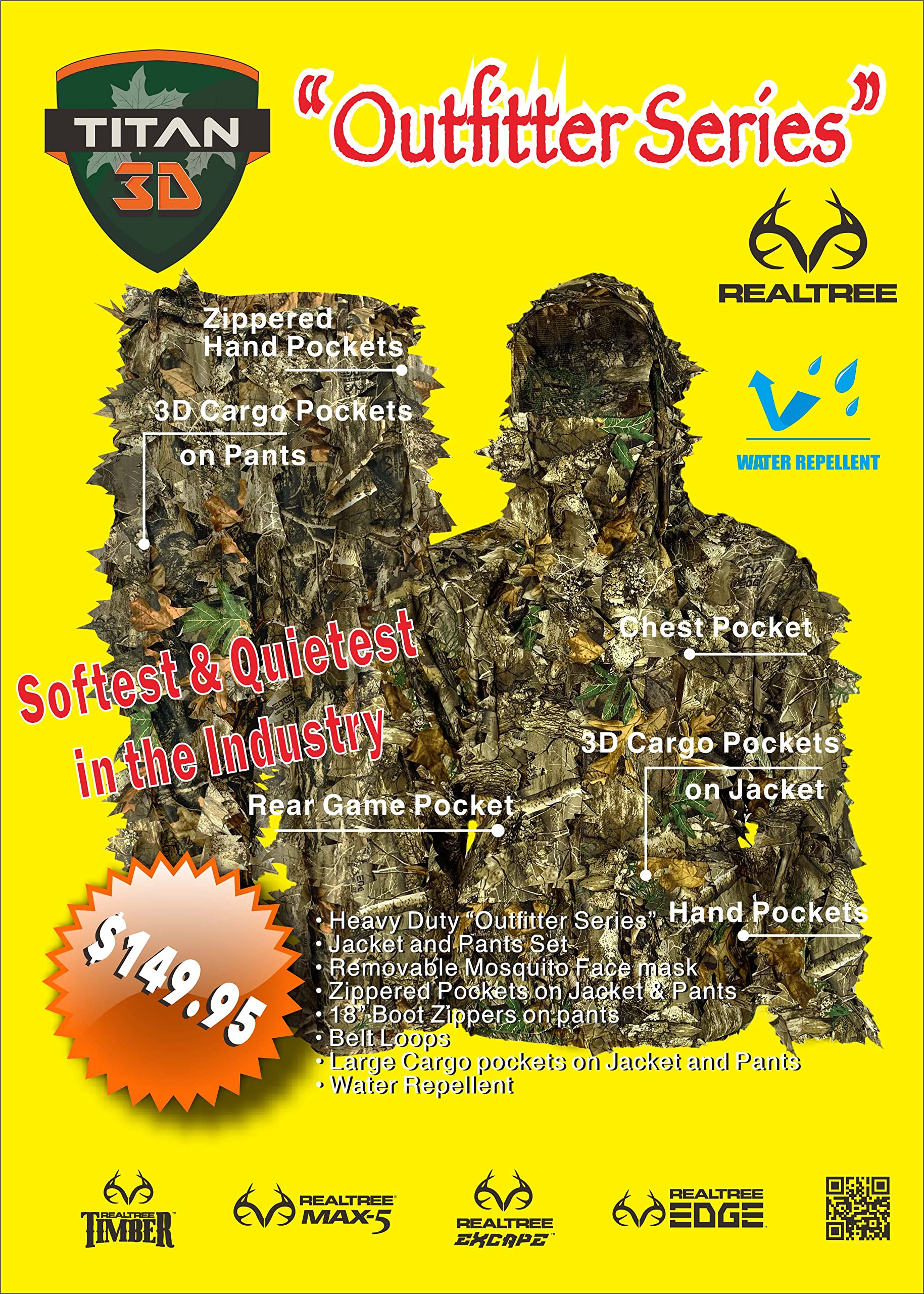 Outfitter Series Men's & Women's Hunting Gear Suit - Breathable Camo Leafy Jacket with Realtree Edge Camo for Outdoor Hunting & Wildlife Photography