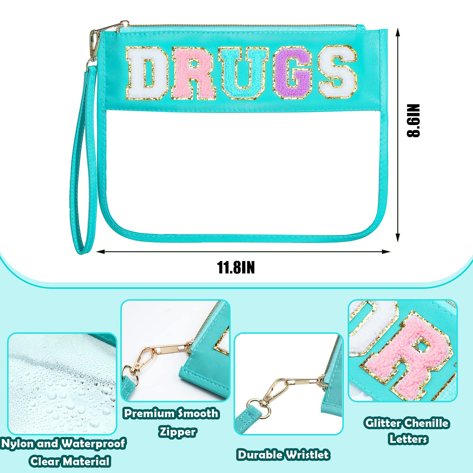 Buryeah 4-Pack Chenille Letter Pouch - Waterproof Nylon Clear Zipper Bags for Snacks, Makeup & Toiletries | Travel Cosmetic Organizer for Women | Cute Style | Perfect for Travel, Gym & Daily Storage