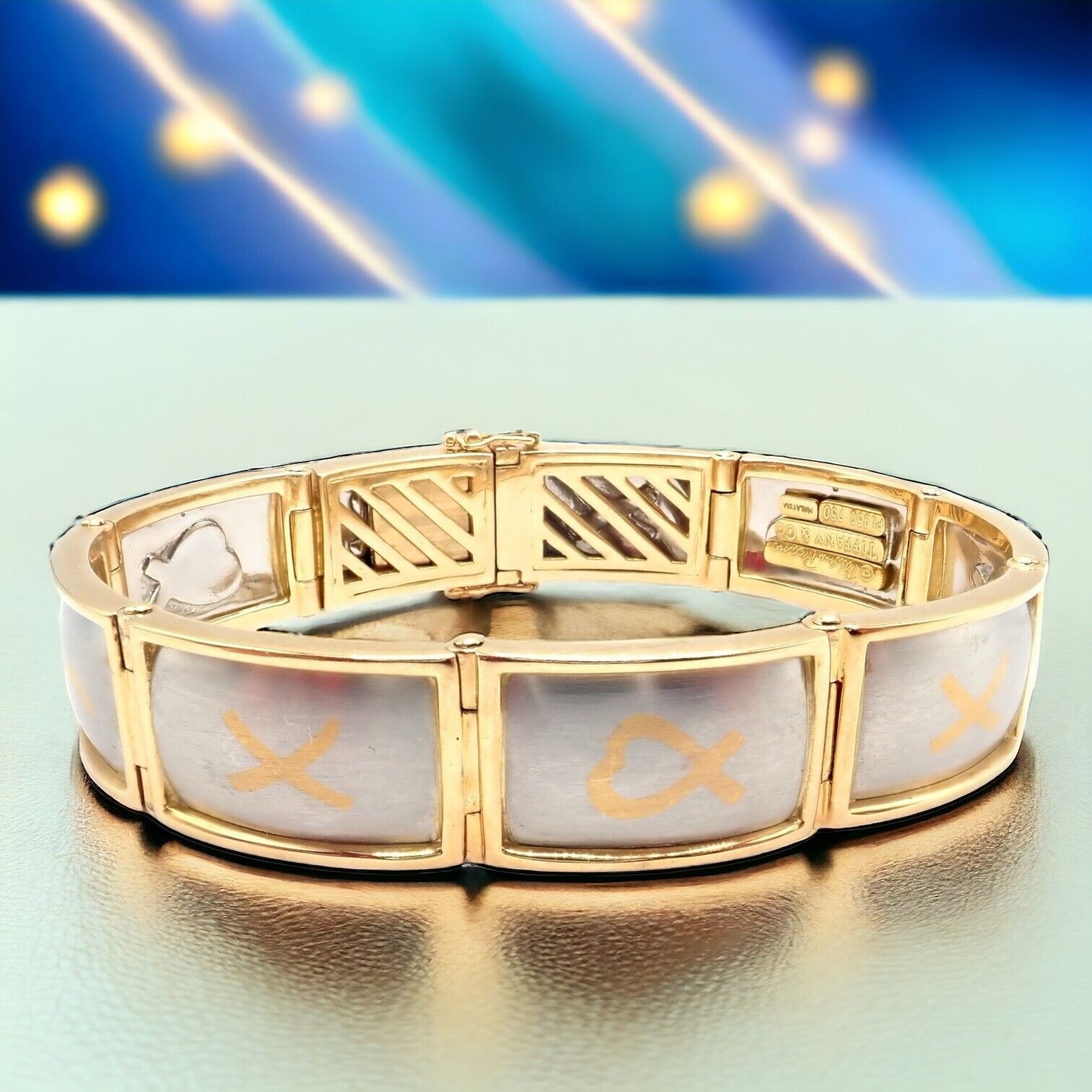 Authentic Tiffany & Co 18k Yellow Gold & Platinum Picasso Signature 9 Panel Bracelet - Luxury Vintage Jewelry for Women - Perfect for Gifts, Weddings & Special Occasions