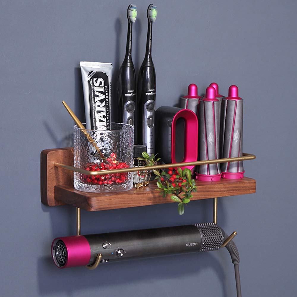 Dyson Airwrap Styler Holder - Wall Mounted Wooden Stand for Hair Curling Wand & Brush Barrel - Bathroom & Bedroom Storage Organizer with Hook for Comb, Cream & Facial Cleanser - Perfect for Home & Salon Use