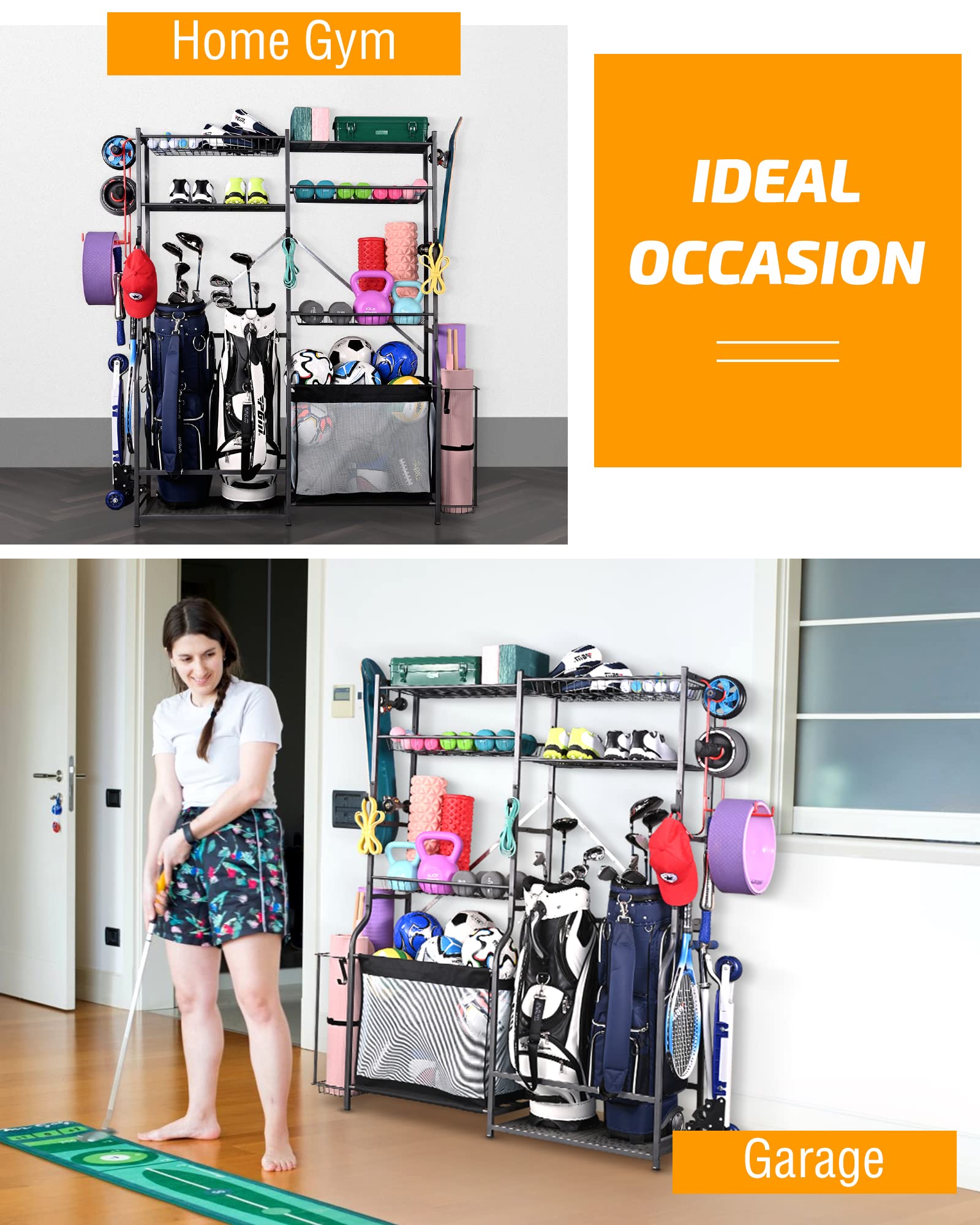 PLKOW Extra Large Golf Ball Storage Rack - 2 Golf Bag Organizer & Sports Equipment Holder for Garage - Durable Golf Accessories Organizer for Clubs, Balls & Gear - Perfect for Home, Garage & Golf Course Storage