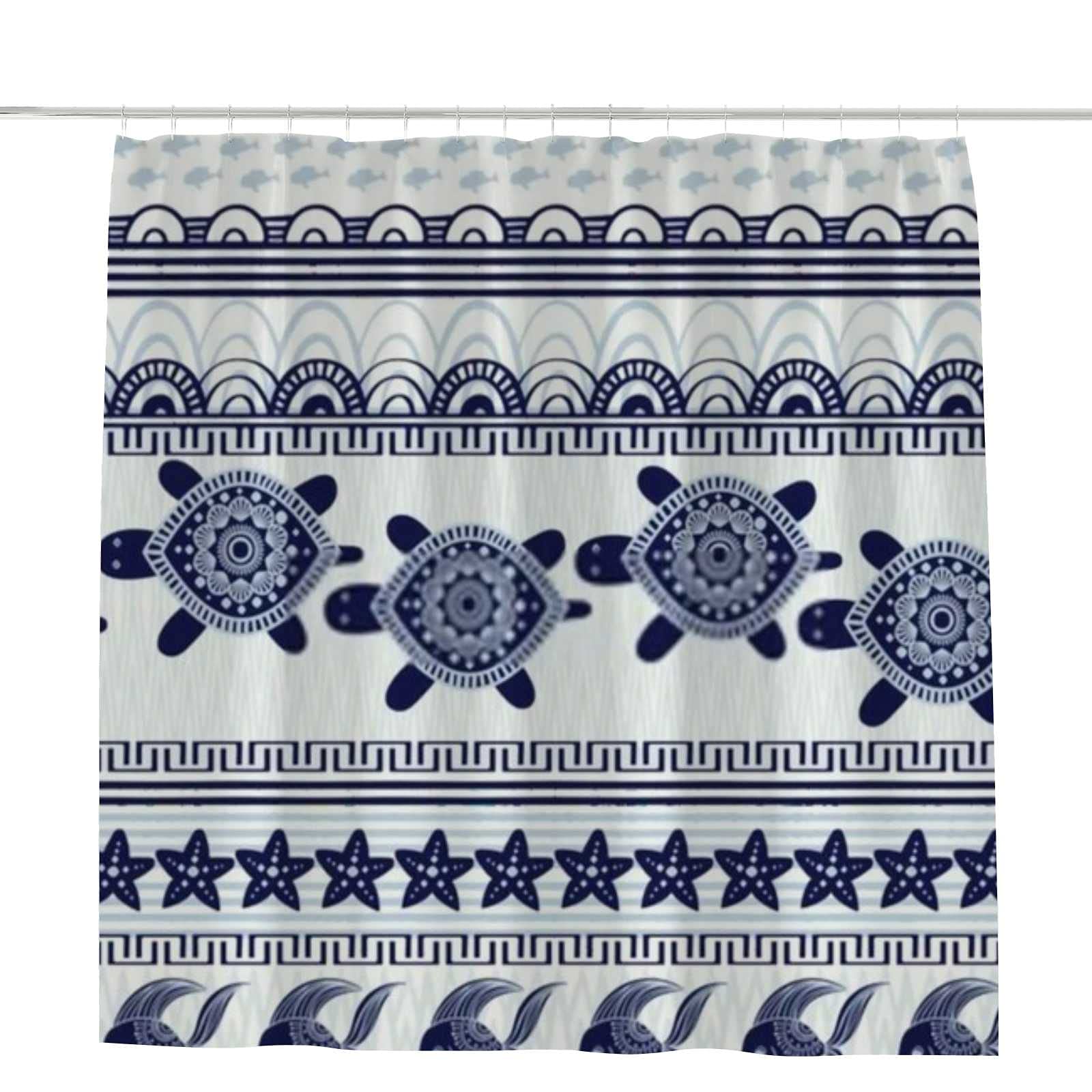 Vantaso Waterproof Shower Curtain - Boho Beach Theme with Turtles & Starfish Design - Navy Blue Bathroom Decor - Machine Washable 72x60 Inches - Perfect for Coastal, Nautical or Beach House Bathrooms