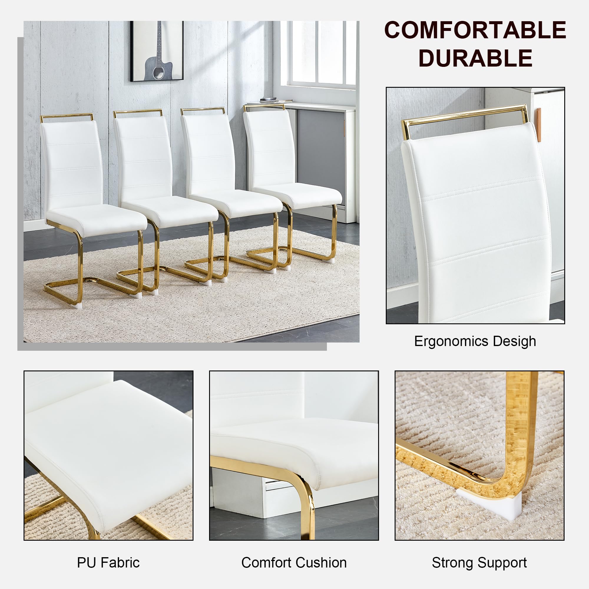 Modern Dining Chairs Set of 4 - PU Faux Leather High Back Upholstered Side Chairs with Horizontal Stripe Backrest - White with Gold Legs - Perfect for Kitchen, Dining Room & Living Room