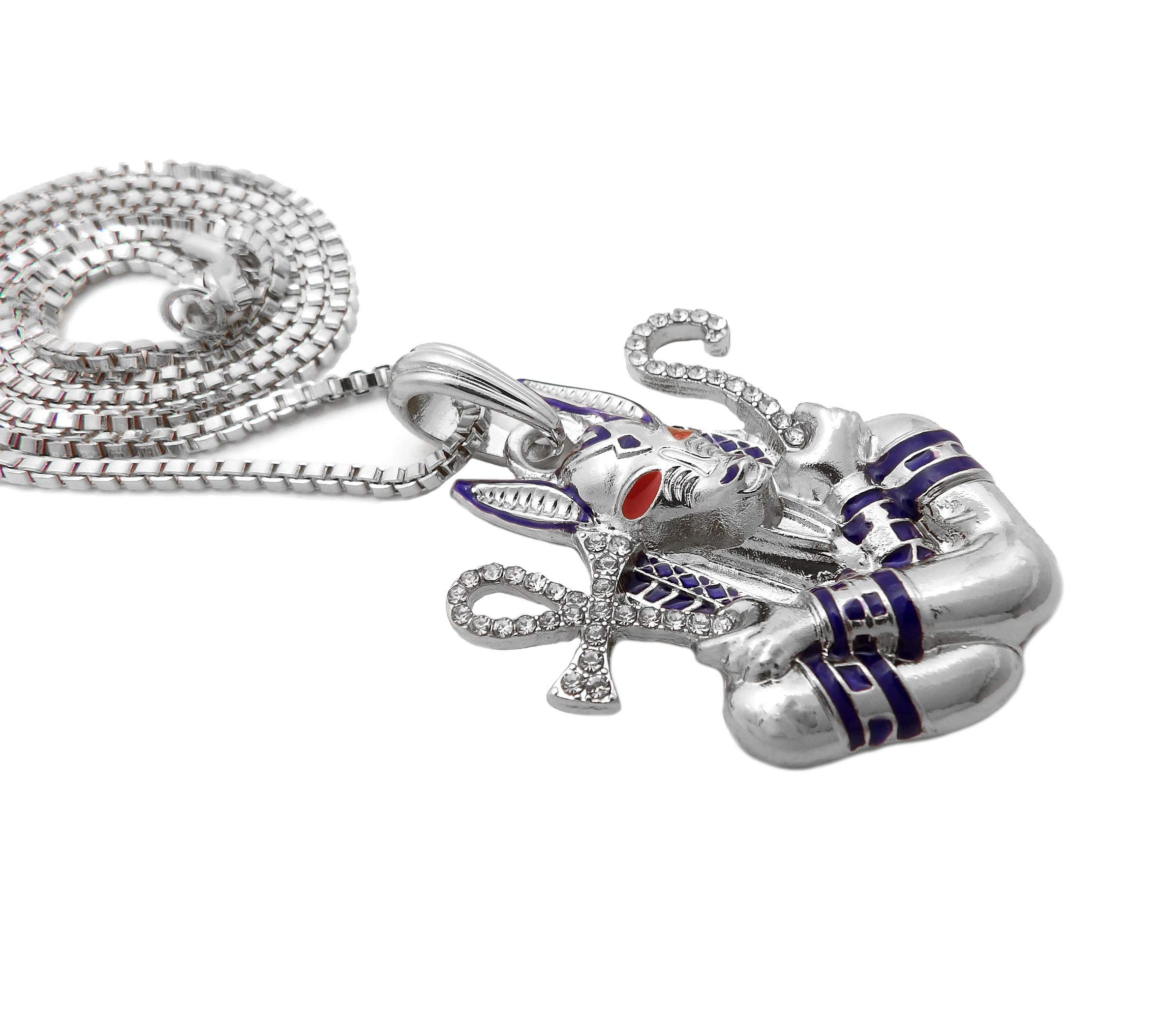 18K White Gold Iced Egyptian Anubis Pendant & Box Chain Necklace - 18/20/24 Inch Cuban Rope Chain for Men Hip Hop Jewelry - Perfect for Streetwear, Gifts & Special Occasions
