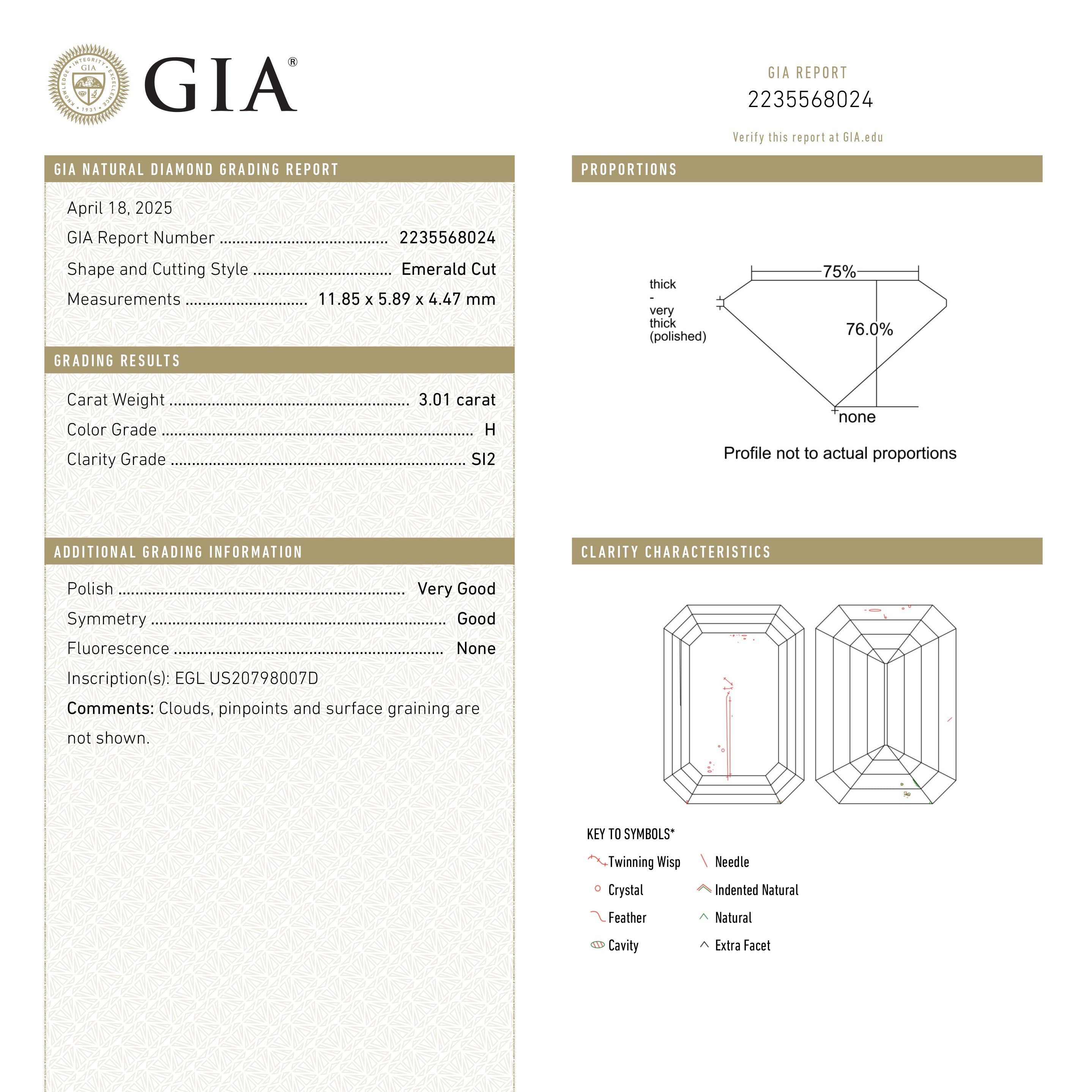 3.01ct GIA Certified SI2 Clarity H Color Step Cut Rectangle Diamond (11.85x5.89x4.47mm) - Perfect for Engagement Rings & Luxury Jewelry