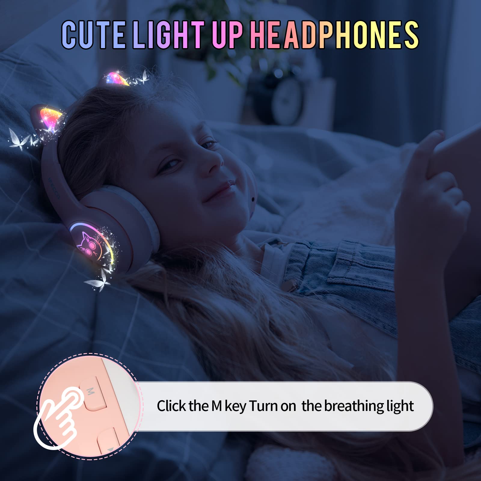 iFecco Kids Wireless Bluetooth Headphones with Microphone & LED Lights - Safe Over-Ear Headphones for Children, Toddlers & Cats - Includes Carrying Case - Perfect for Online Learning, Gaming & Travel
