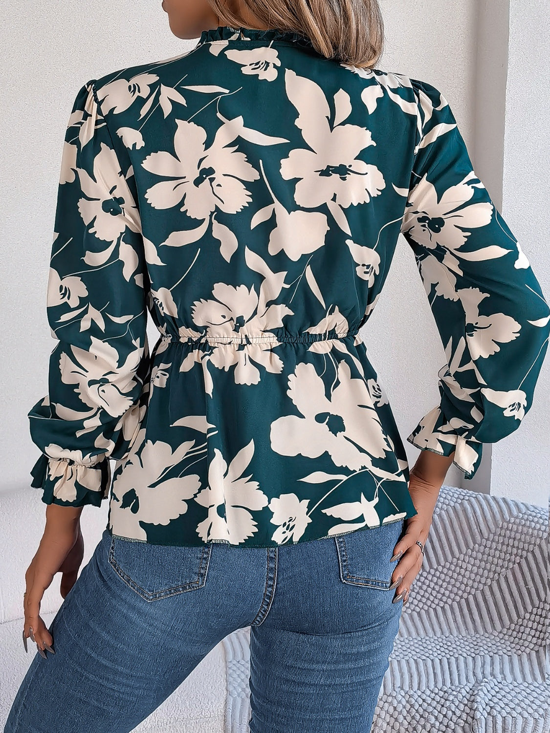 Printed Tie Neck Flounce Sleeve Blouse for Women - Elegant Floral Summer Tops - Perfect for Office, Date Night & Special Occasions