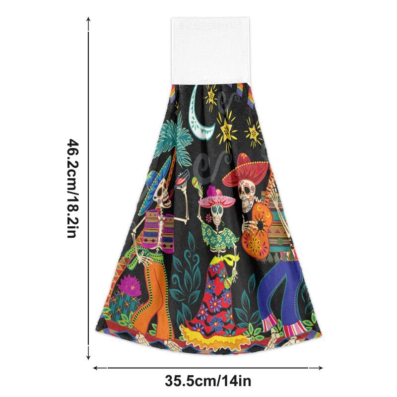 Skull Print Halloween Kitchen Towels - 2 Pack Soft Absorbent Dish Cloths with Hanging Loop - Day of The Dead Bathroom Hand Towels for Oven, Stove Handle & Tabletop - Perfect for Halloween Party Decor, Dia de Los Muertos Celebration & Gothic Home Decor