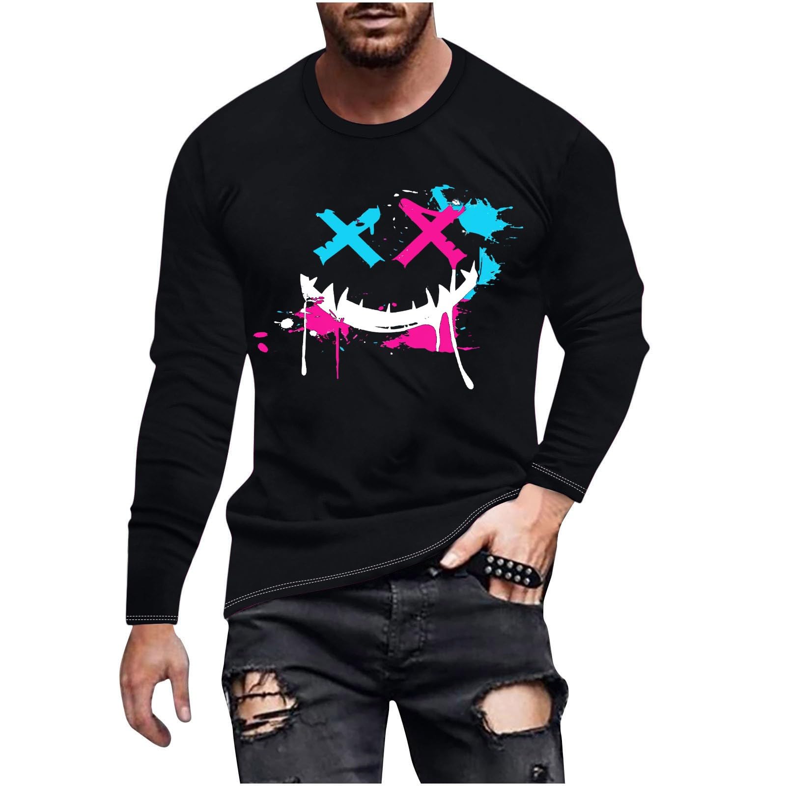 Men's Graphic Long Sleeve T-Shirt - Smiley Face Halloween Funny Novelty Tee for Casual Wear & Costume Parties