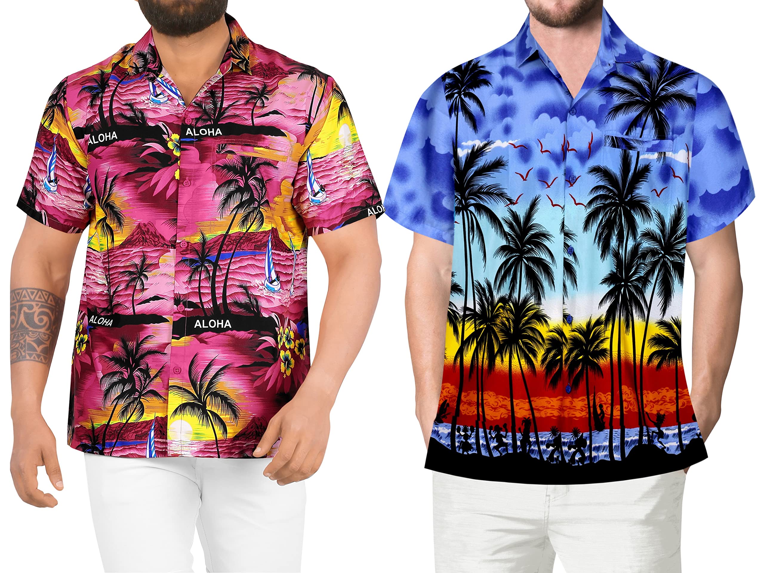 LA LEELA Men's Hawaiian Button Down Shirts - Breathable Casual Beach Shirts with Front Pocket, Short Sleeve Party Shirt in Pink & Blue - Perfect for Summer Vacations, Beach Outings and Tropical Themed Events