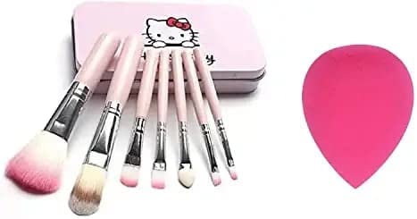 AIR BEAUTY 7-Piece Makeup Brush Set with Hello Kitty Print Box - Pink Cosmetic Brushes & Blender Puff for Foundation, Concealer, Eyeshadow Application | Perfect Gift for Makeup Lovers