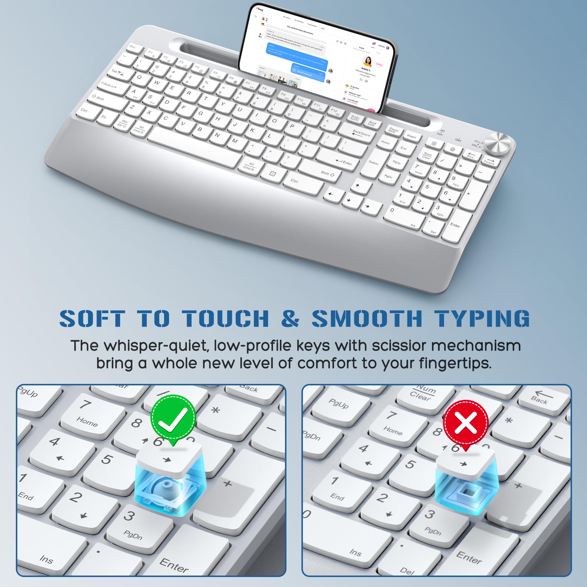 Ergonomic Wireless Keyboard and Mouse Combo with Phone Holder & Wrist Rest - Full Size Quiet Keyboard for Mac, PC, Laptop - Volume Control & Silver Design - Perfect for Office, Home & Gaming Use