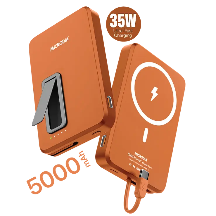 MICRODIA SNAPPower™ MagGo 35W 5000mAh Magnetic Wireless Power Bank - 15W Wireless & 20W USB-C PD Fast Charging with Built-in Cable & Kickstand - Perfect for iPhone, Android, Travel & On-the-Go Charging