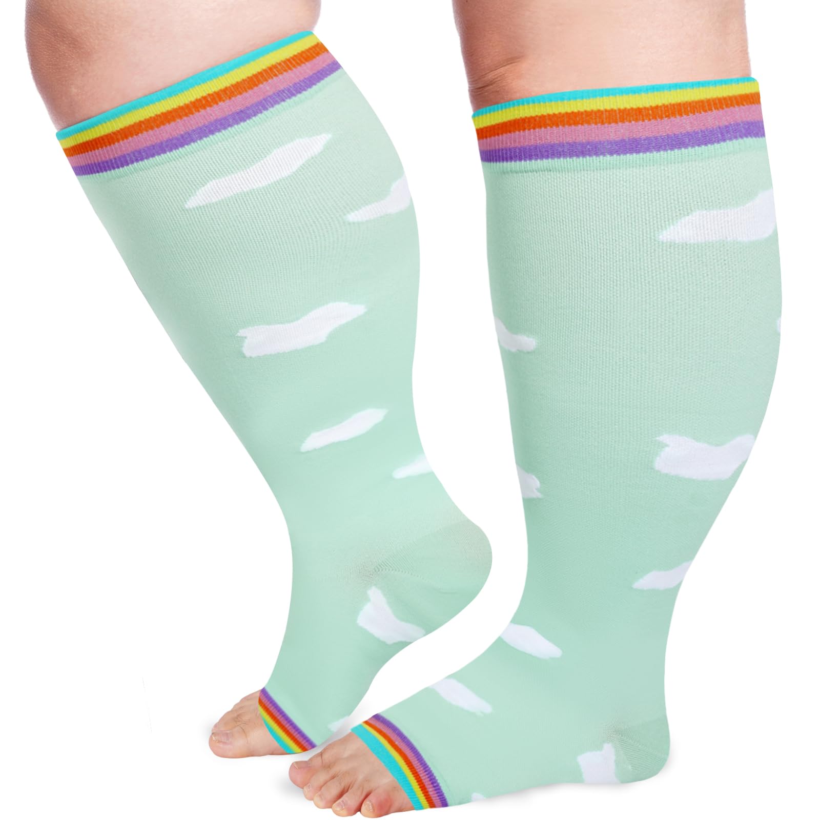 LOUSGUTA Open Toe Compression Socks 15-20 mmHg for Women & Men - Plus Size, Toeless, Wide Calf Support Knee High Socks for Varicose Veins, Edema & Travel Comfort