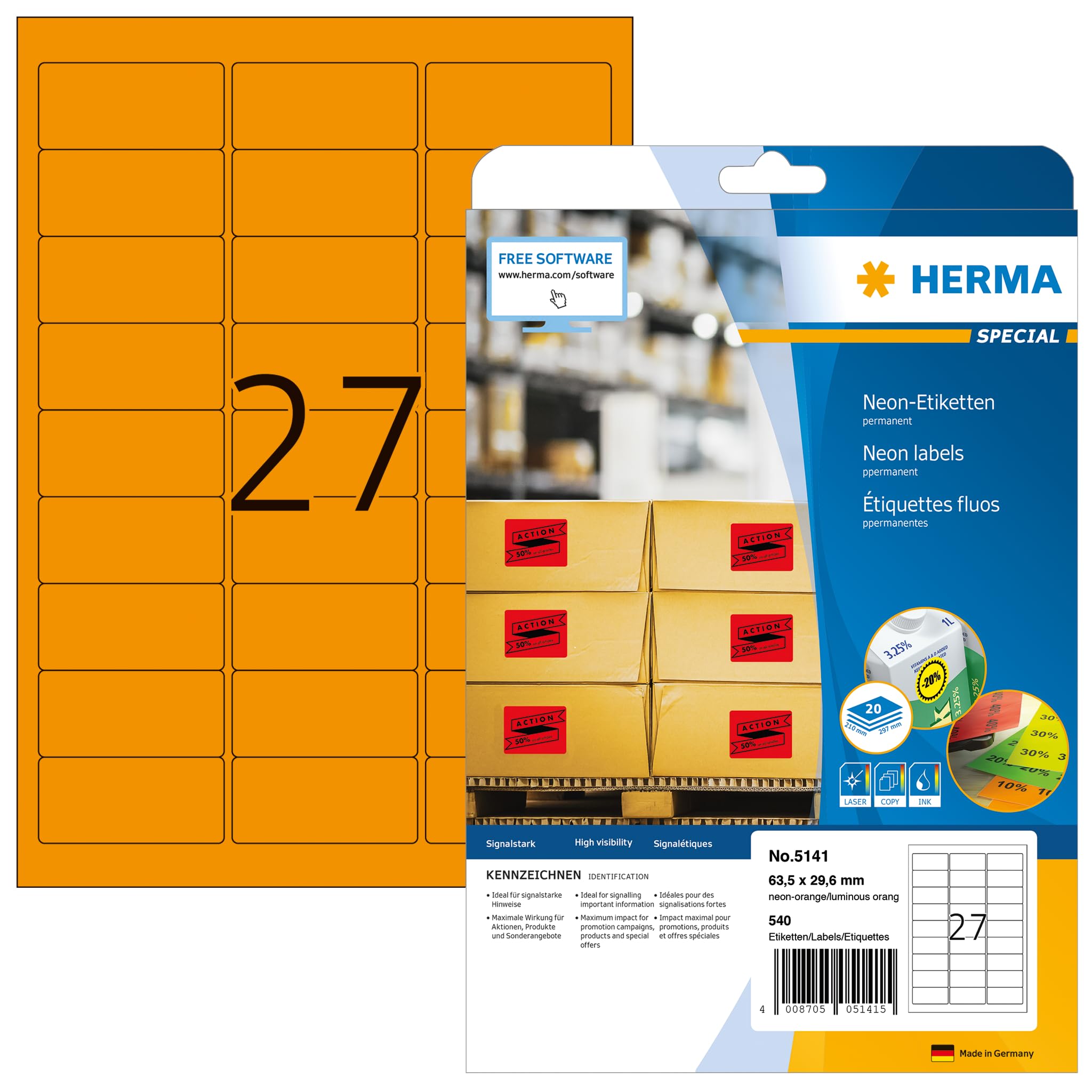 HERMA 5141 Neon Orange Self Adhesive Labels - 540 Blank Color Stickers (63.5x29.6mm) - 20 A4 Sheets with 27 Labels Each - Compatible with Laser & Inkjet Printers - Perfect for Office Organization, Mailing & Product Labeling
