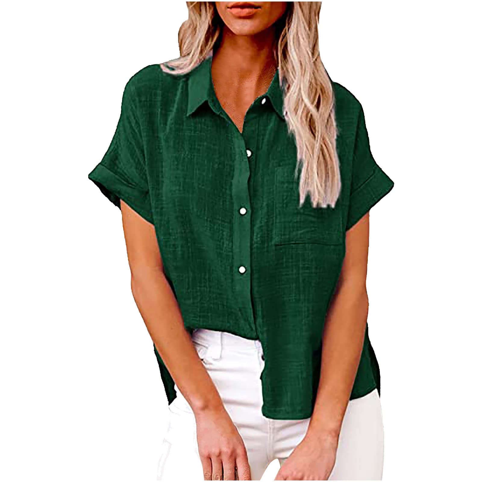 Women's Linen Button Down Shirt - Summer 2023 Casual Short Sleeve V-Neck Top for Work & Outings