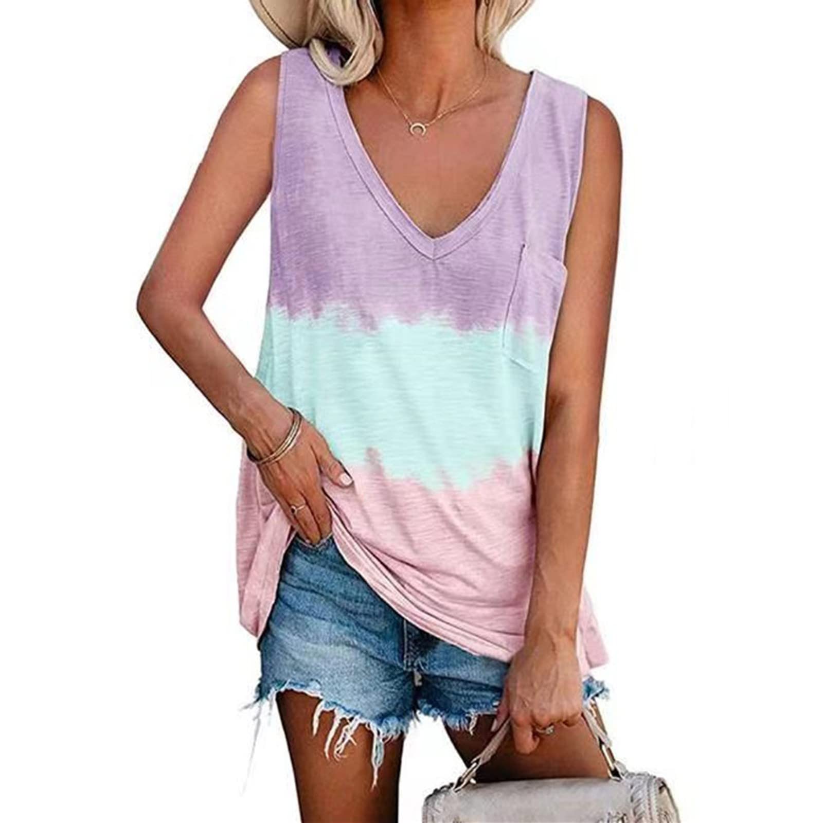 BISXOTY Women's Gradient Print V-Neck Sleeveless Maternity Tank Top - Dressy Basic Going Out Shirt for Pregnancy, Nursing & Everyday Wear - White Blouse for Casual, Office & Special Occasions