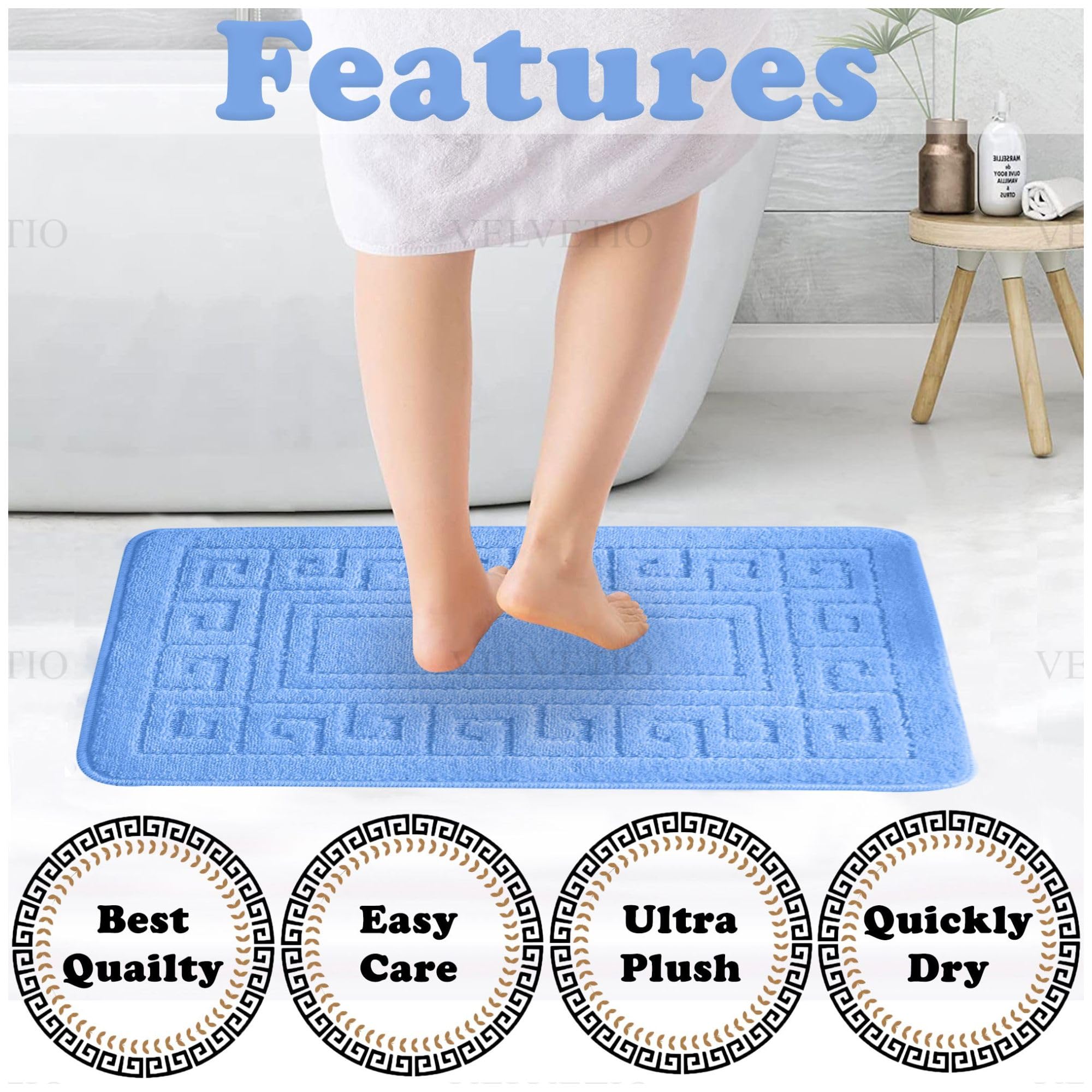 VELVETIO Non-Slip Bath Mat Set - 2 Piece Jacquard Greek Design Quick Dry Shower Rugs & Bathtub Mats - Machine Washable 100% Polypropylene Highly Absorbent Bathroom Rug Set (Blue) - Perfect for Bathroom, Shower, and Bathtub Safety
