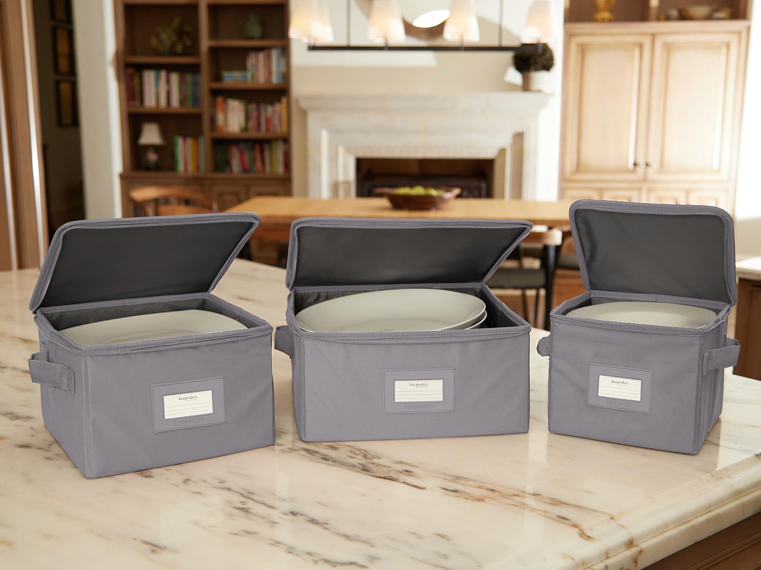 Covermates Keepsakes Dish Storage Box – Stackable Organizer with Reinforced Handles for China & Fine Dinnerware Protection – Durable Graphite Design – Perfect for Kitchen Organization, Holiday Storage & Moving Supplies
