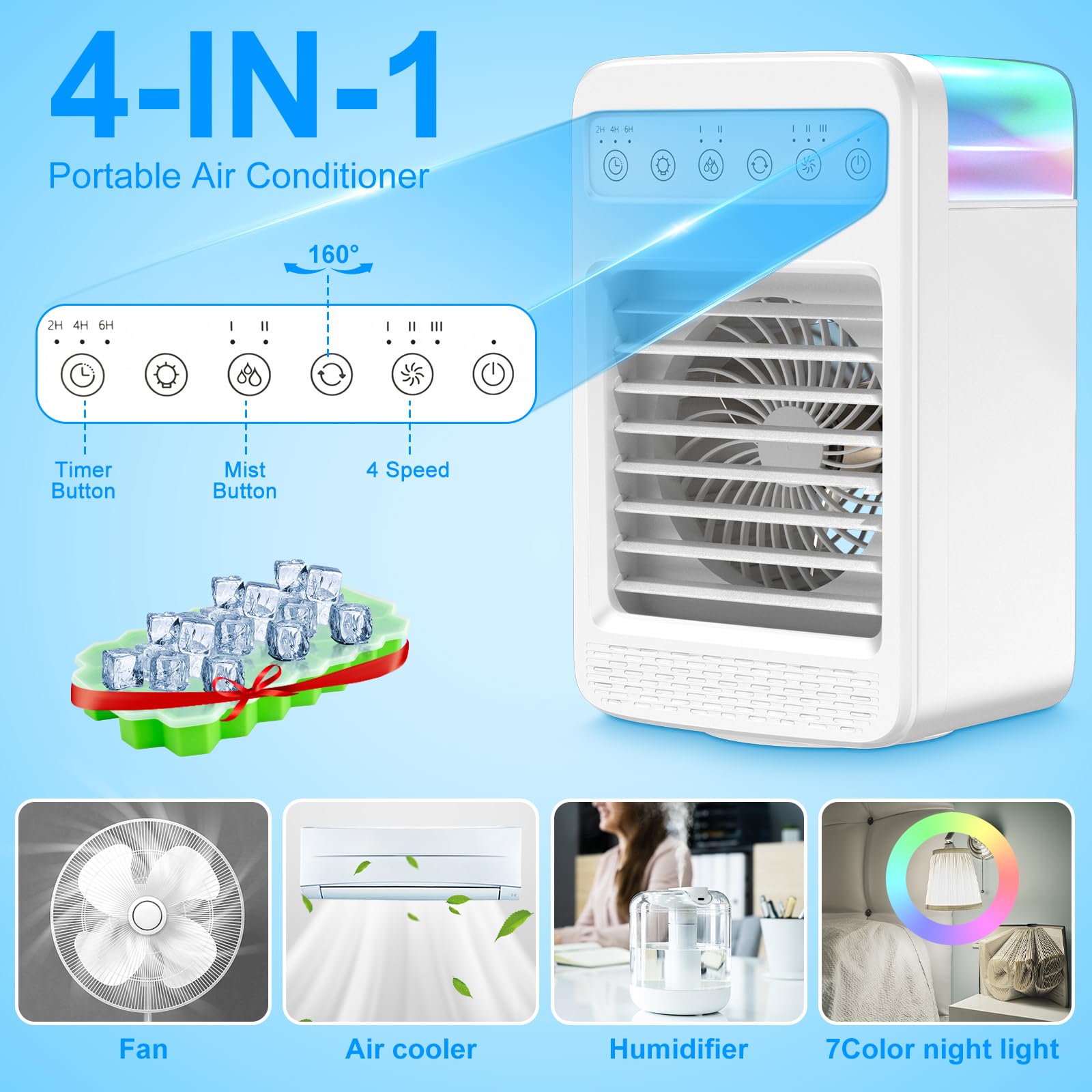 Portable Air Conditioner for Small Room - Mini AC with 4 Speeds, 2 Cool Mist Modes & Timer - Oscillating Personal Air Cooler for Home, Office, Bedroom & Dorm Use