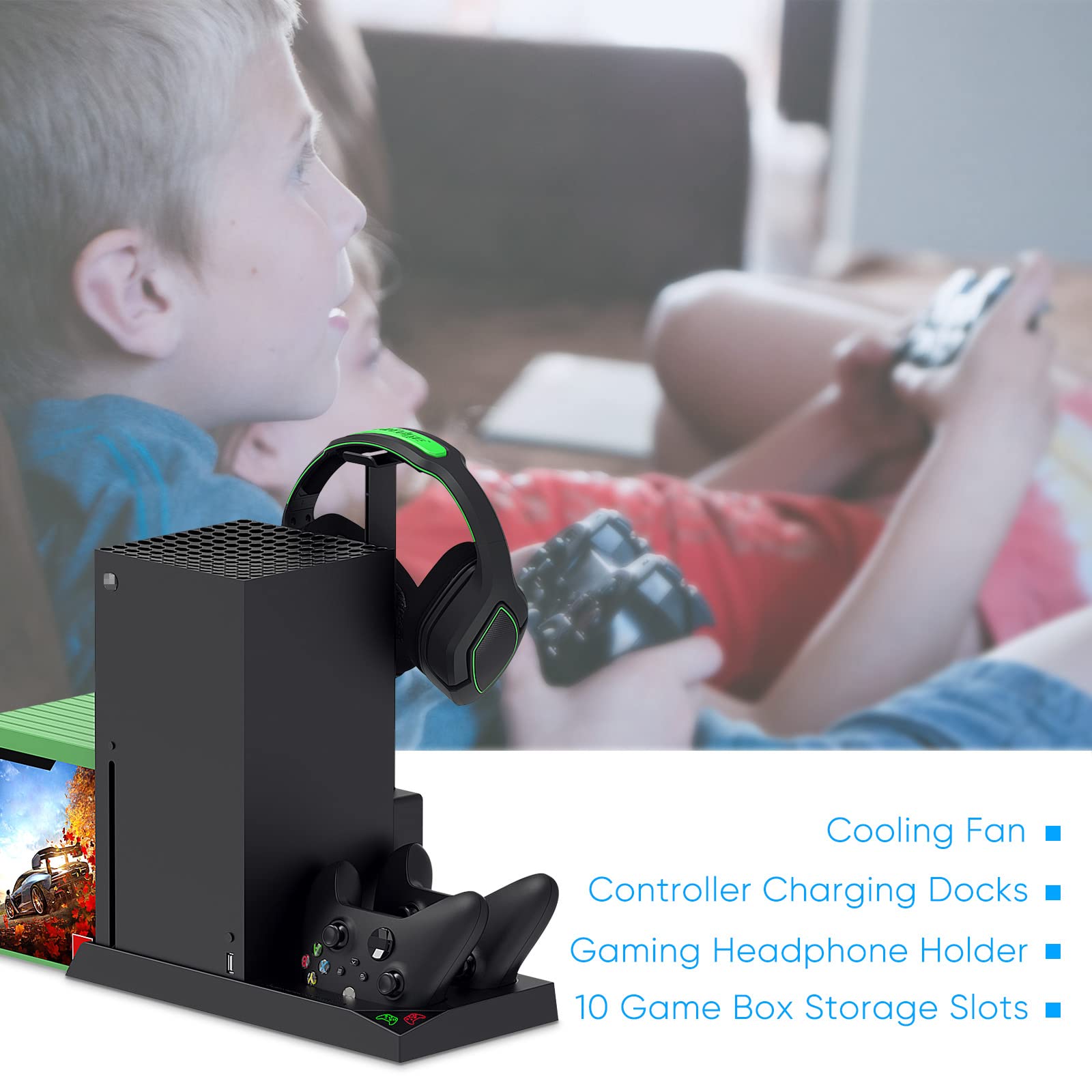 Xbox Series X Vertical Cooling Stand with Cooling Fan - Cooling Dock Station with 10 Game Storage, Controller & Headphone Holder - Includes 2X1400mAh Rechargeable Batteries - Perfect for Gaming Setup & Console Protection