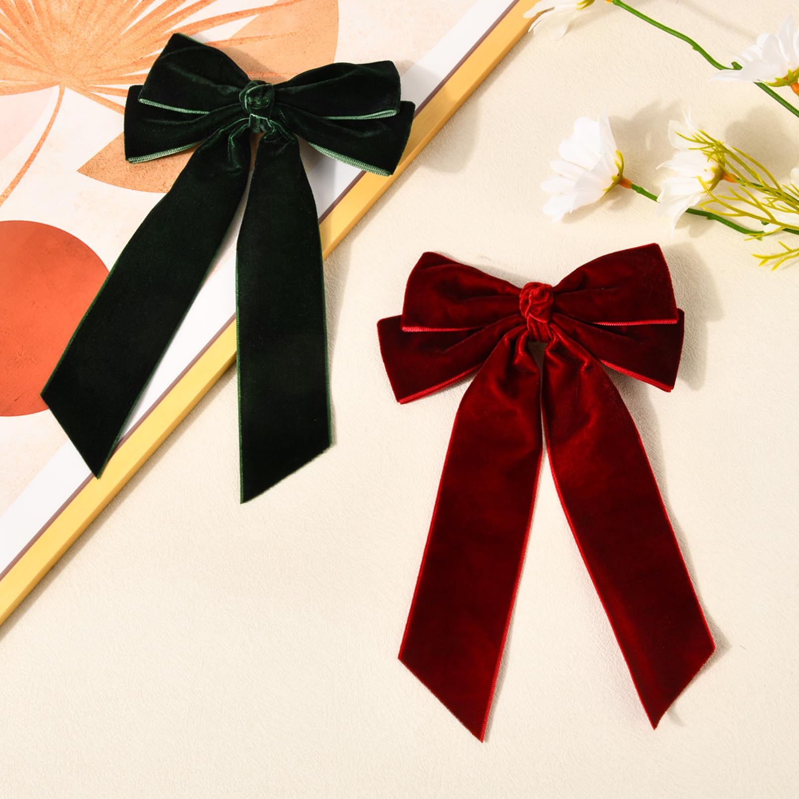 2PCS Velvet Hair Bows - Green & Wine Red Big Alligator Clips Hair Accessories for Women, Girls, Toddlers & Kids | Perfect for Fall Outfits, Parties & Daily Wear