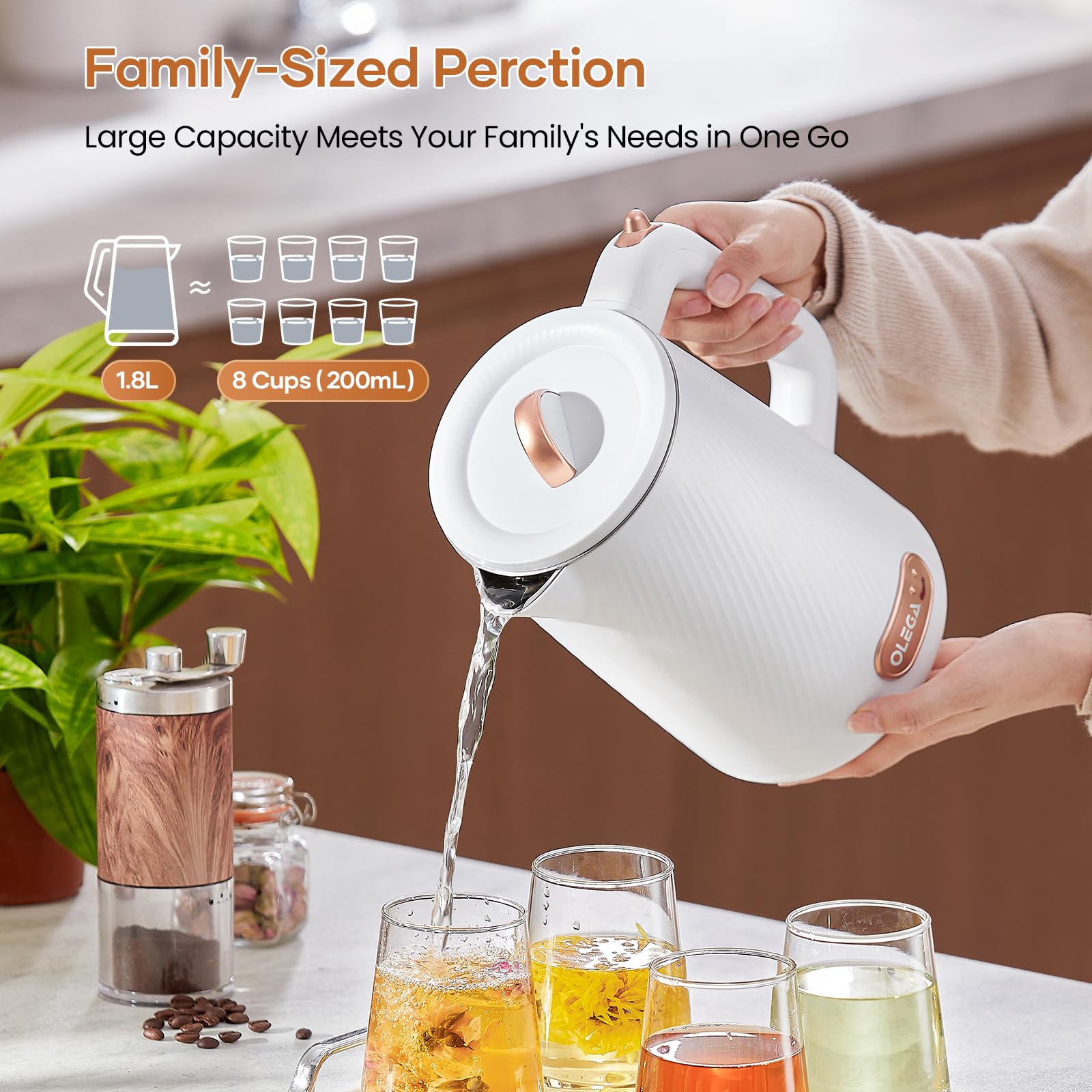 OLEGA 1500W Electric Kettle - 1.8L Stainless Steel Fast Boiling Water Kettle with Auto Shut Off & Boil-Dry Protection - Perfect for Coffee, Tea, and Instant Noodles - Ideal for Home, Office, and Dorm Use