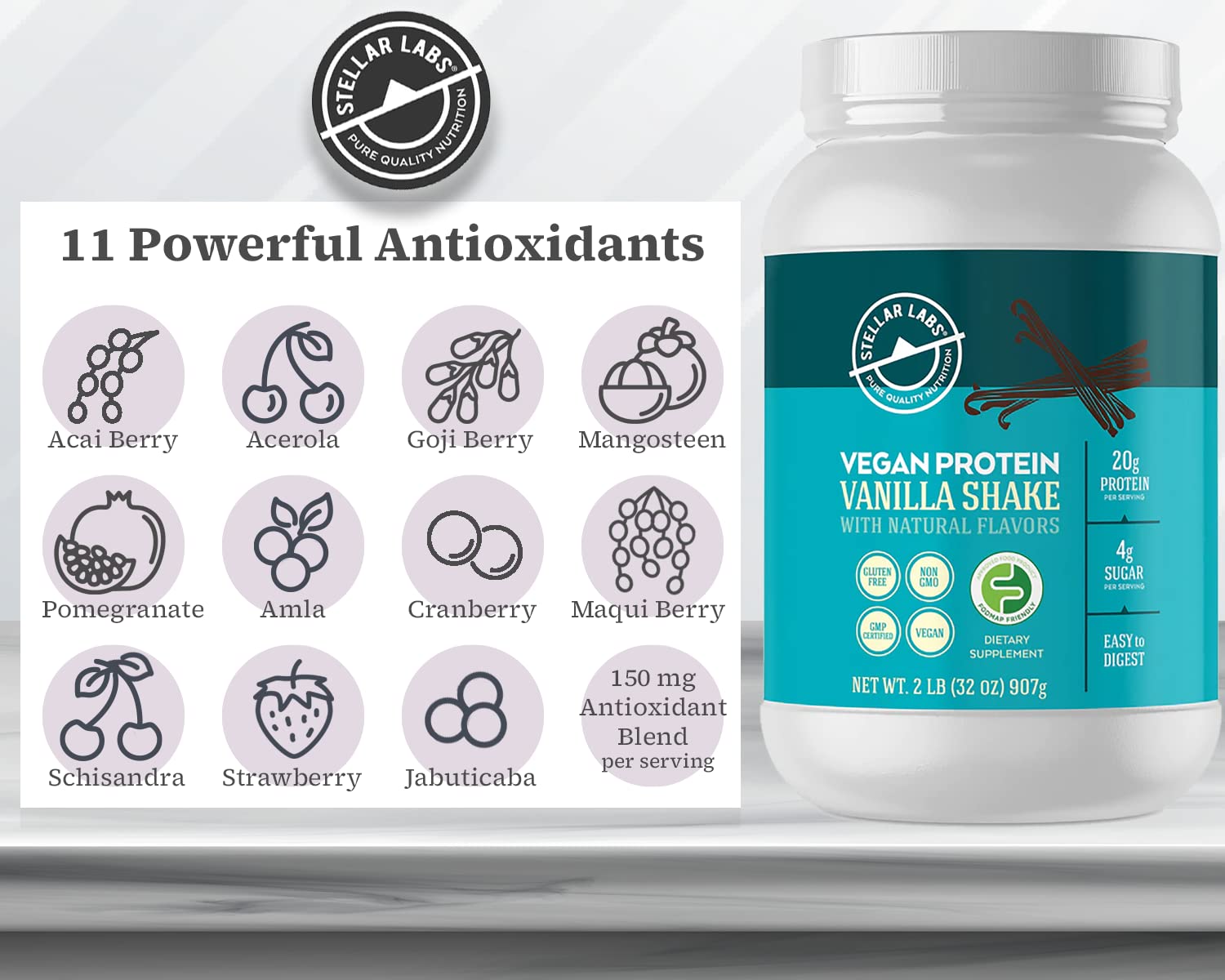 Stellar Labs Vegan Protein Powder with BCAA's & Antioxidants - Certified Low FODMAP, Non-GMO, Gluten-Free, Soy-Free, Low Carb, Stevia Sweetened | Plant-Based Protein Shakes for Weight Loss & Muscle Recovery | Vanilla Flavor for Smoothies, Baking & Post-Workout Drinks