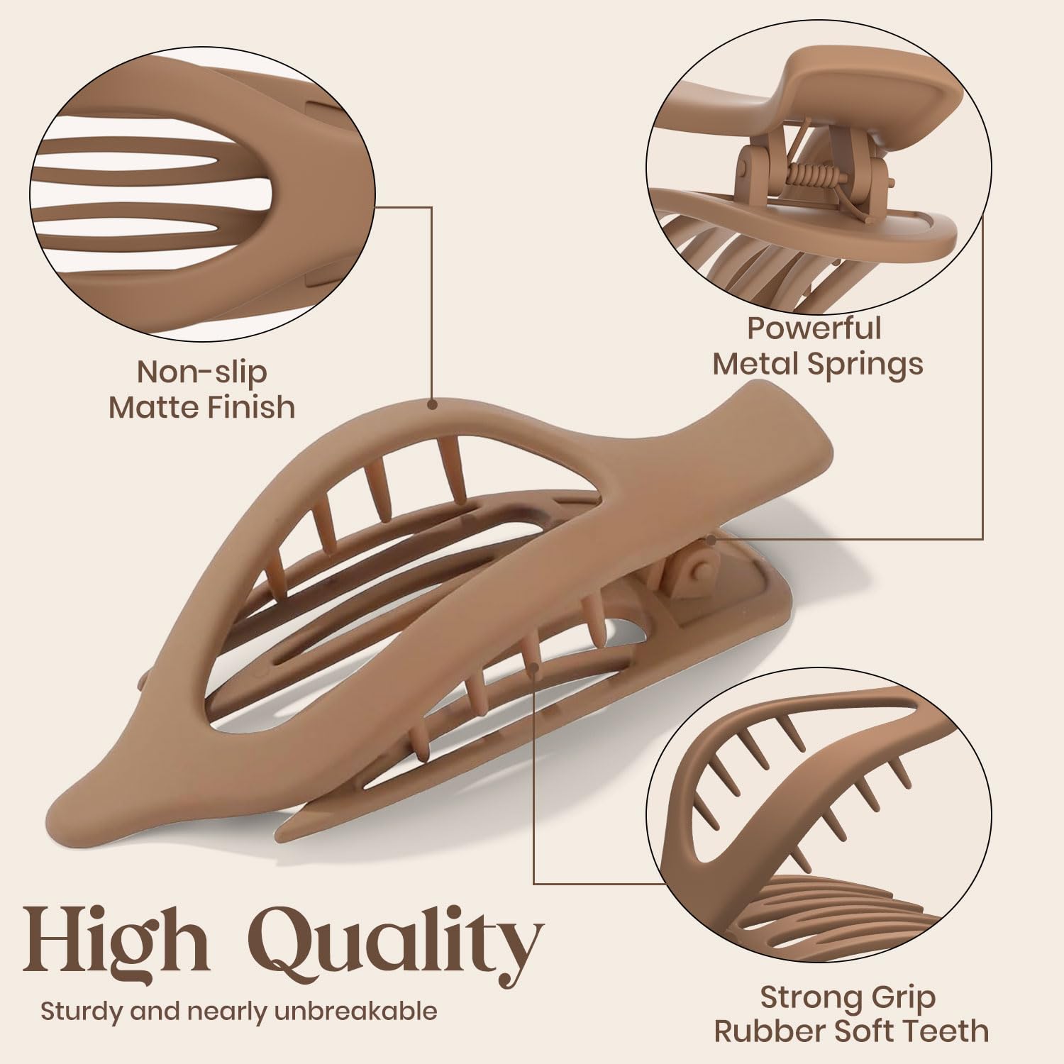 6 PCS Large Flat Hair Clips for Women & Girls - French Style Non-Slip Claw Clips for Thick & Thin Hair - Matte Strong Hold Hair Accessories (Brown) - Perfect for Work, School & Everyday Hairstyles