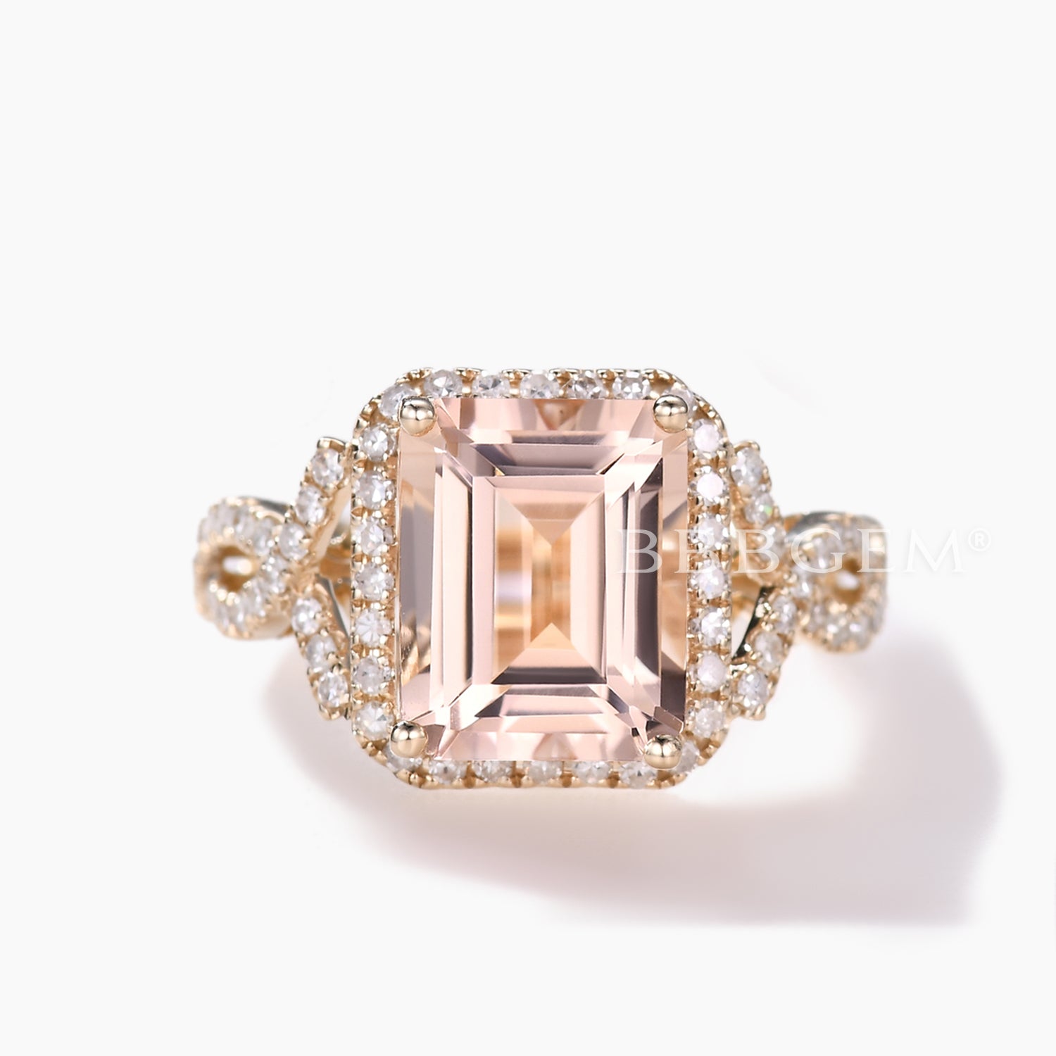 Vintage Emerald Cut Morganite Engagement Ring with Halo Diamond Split Shank Band - Elegant Wedding Jewelry for Brides, Anniversary Gifts & Proposal Scenes