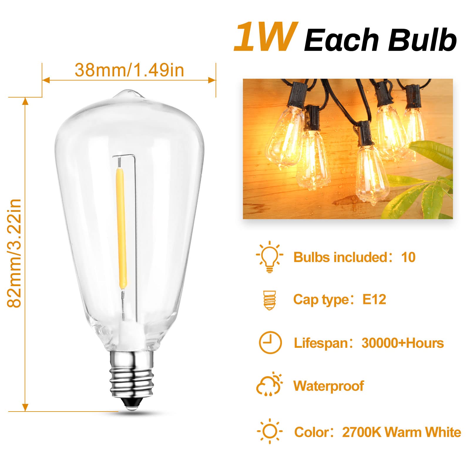 BRIMAX 10FT Outdoor String Lights with 10 ST38 1W Shatterproof LED Edison Bulbs - Waterproof Patio Lights for Bistro, Pergola, Backyard, Garden & Outdoor Dining Decor