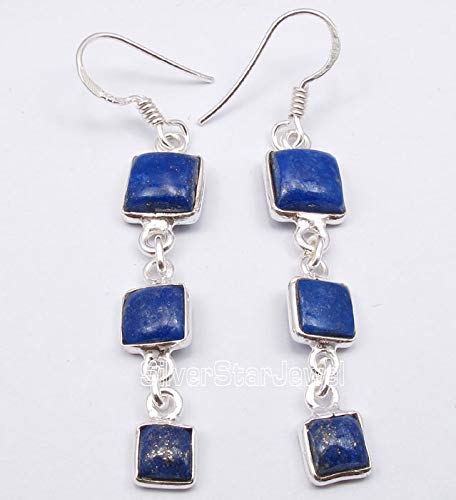 925 Pure Sterling Silver Lapis Lazuli Dangle Earrings 2.2