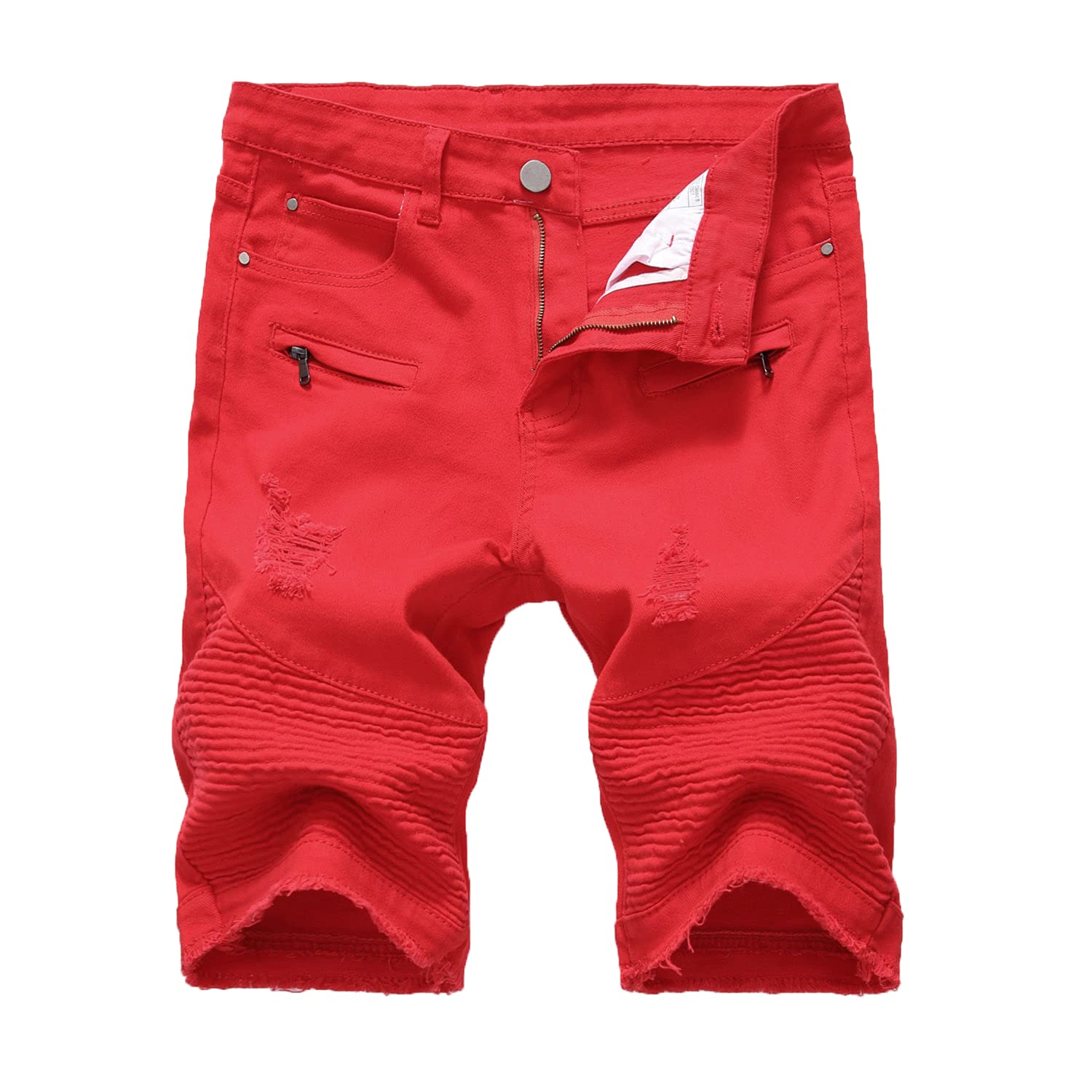 **Men's Distressed Casual Denim Shorts - Pleated Zipper Biker Slim Fit, Classic Straight Washed Jean Shorts for Summer & Streetwear (Red, Size 36)**    *Perfect for casual outings, beach trips, and urban street style.*