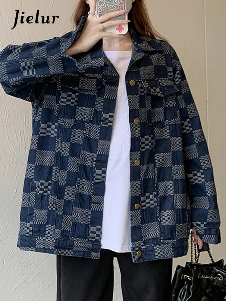 Stylish Women's Autumn Korean Fashion Denim Jacket - Loose Fit Retro Blue Black Plaid Checkerboard Coat for Casual Outings and Layering