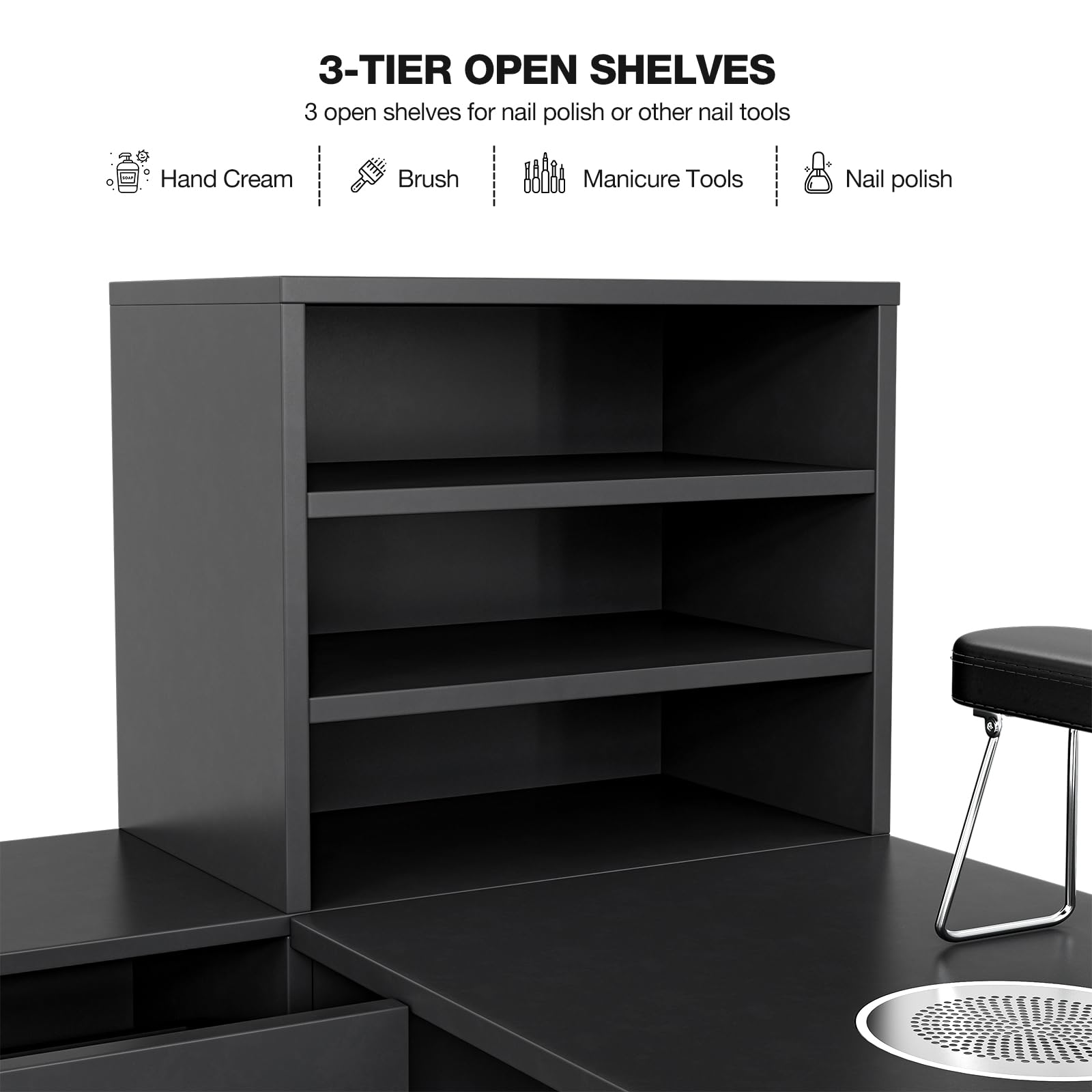 Professional L-Shaped Manicure Table with Electric Downdraft Ventilation System - Foldable Nail Tech Station with Storage Shelves, Cabinets & Drawers - Black Salon Furniture for Nail Artists & Home Use | Perfect for Small Spaces & Mobile Nail Technicians