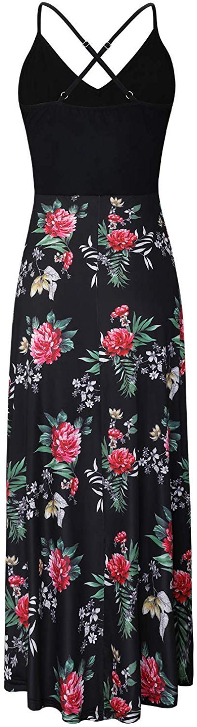 Women's Floral Patchwork Maxi Dress - V Neck Sleeveless Asymmetrical Summer Dress for Beach, Vacation & Outdoor Parties | Lightweight Flowy Boho Chic Dress
