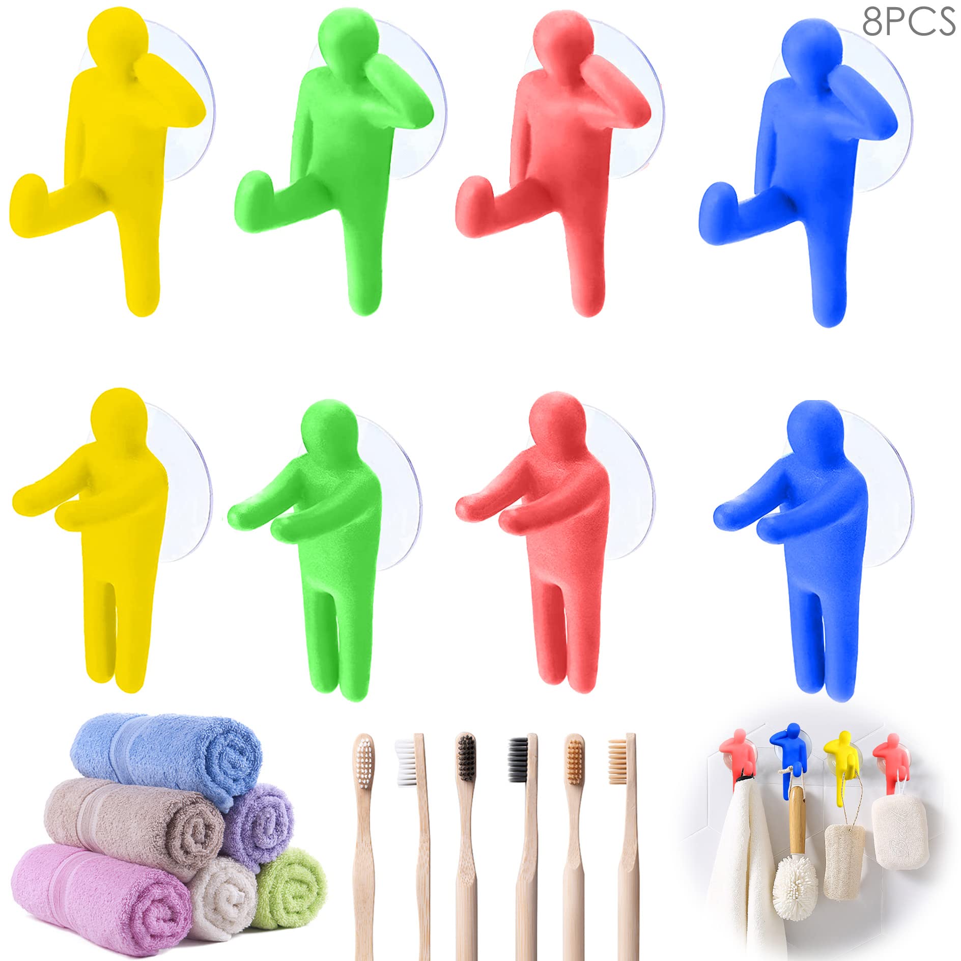 8-Pack Colorful Suction Cup Toothbrush Holders - Wall Mounted Reusable Bathroom Organizer for Shower, Kitchen & Office - Holds Toothbrushes, Razors & More - Strong Adhesive Hooks for Home Organization