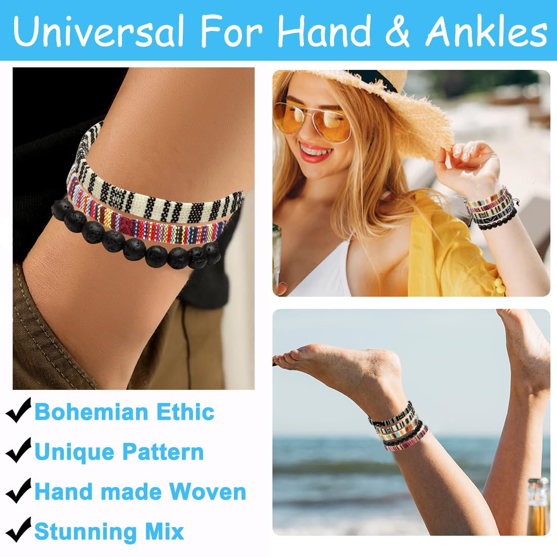 Surfer Beach Bracelet Set for Men & Women - 5pcs Handmade Boho Adjustable Wrap Bracelets & Anklets - Woven Beaded Jewelry for Summer Vacation, Music Festivals, Beach Parties & Boho Fashion