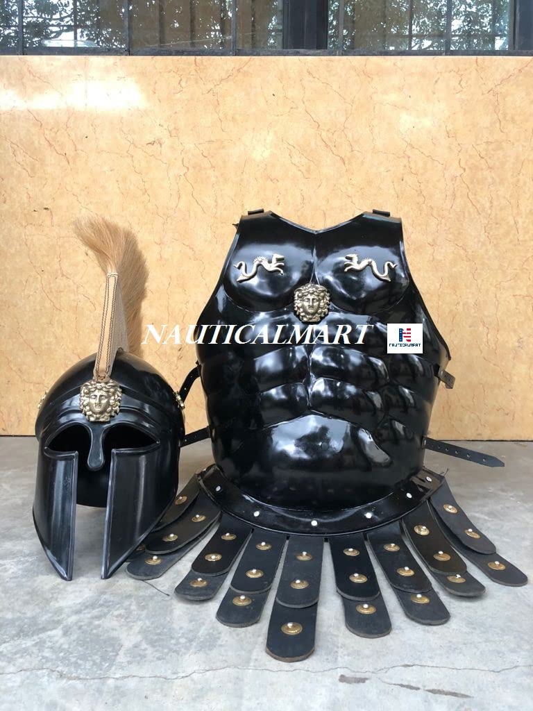 Greek Corinthian Helmet with Muscle Armor - Black Antique Finish - Spartan Warrior Costume, LARP, Cosplay & Historical Reenactment