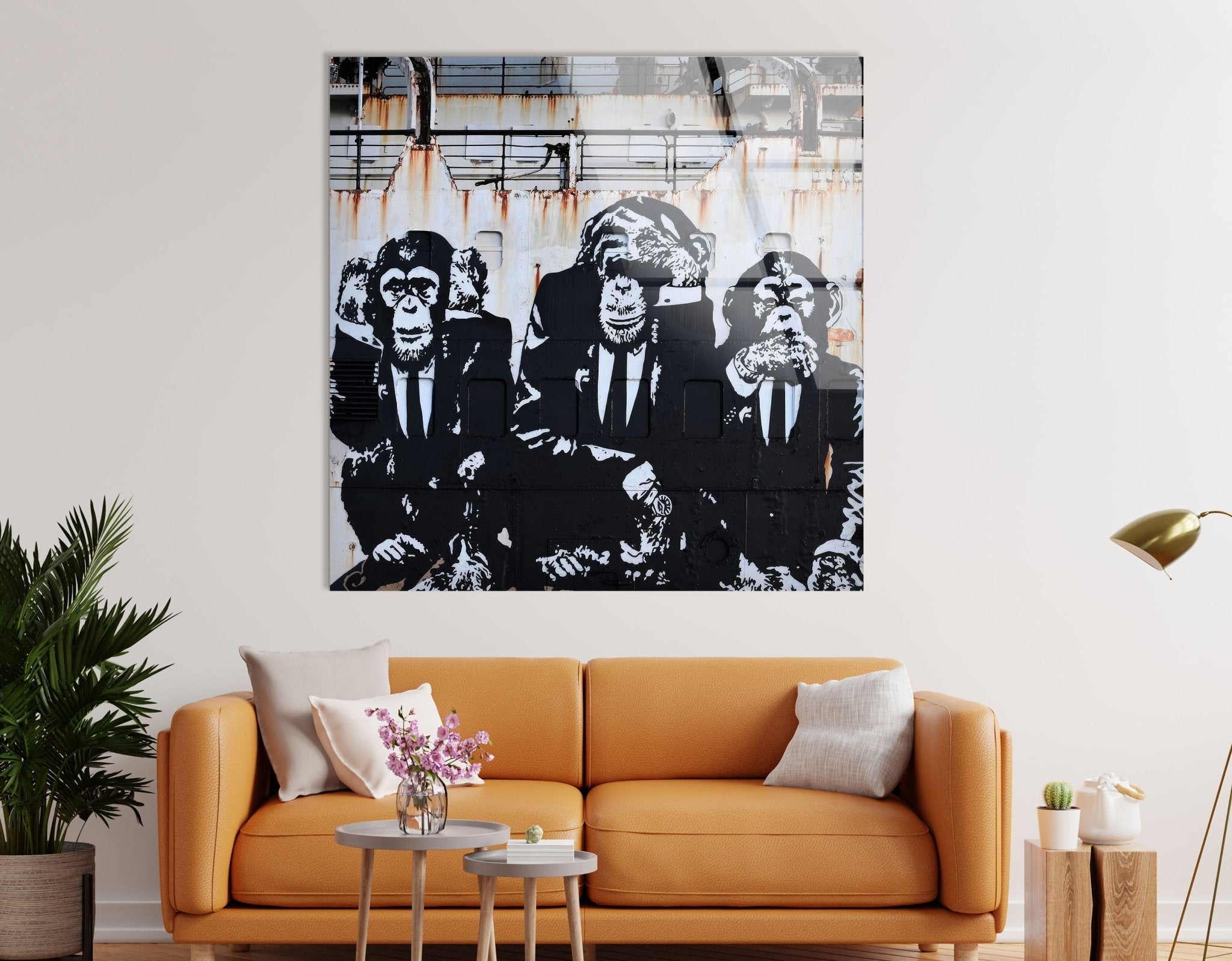 3 Monkey Banksy Glass Wall Art - Modern Home Decor for Living Room, Bedroom & Office - Unique Street Art Inspired Glass Painting
