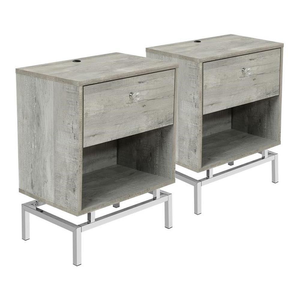 Light Gray Lyn Wood End Table with USB Port - Set of 2 | Modern Side Table for Living Room, Bedroom & Office | Fast Charging Nightstand with Storage Shelf