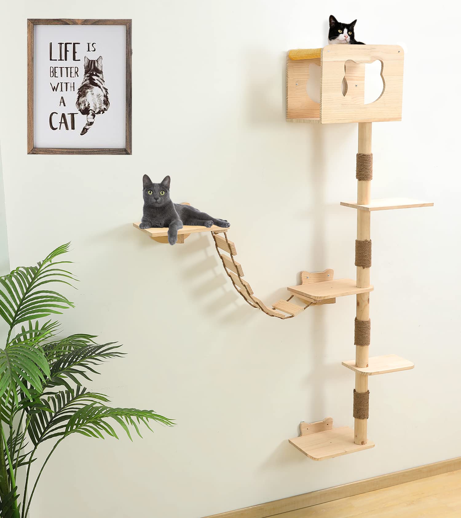 75 Inch Solid Wood Cat Tree House with Hammock & Wall Mount Shelves - Tall Climbing Activity Tower for Indoor Cats - Perfect for Small Spaces & Multi-Cat Homes