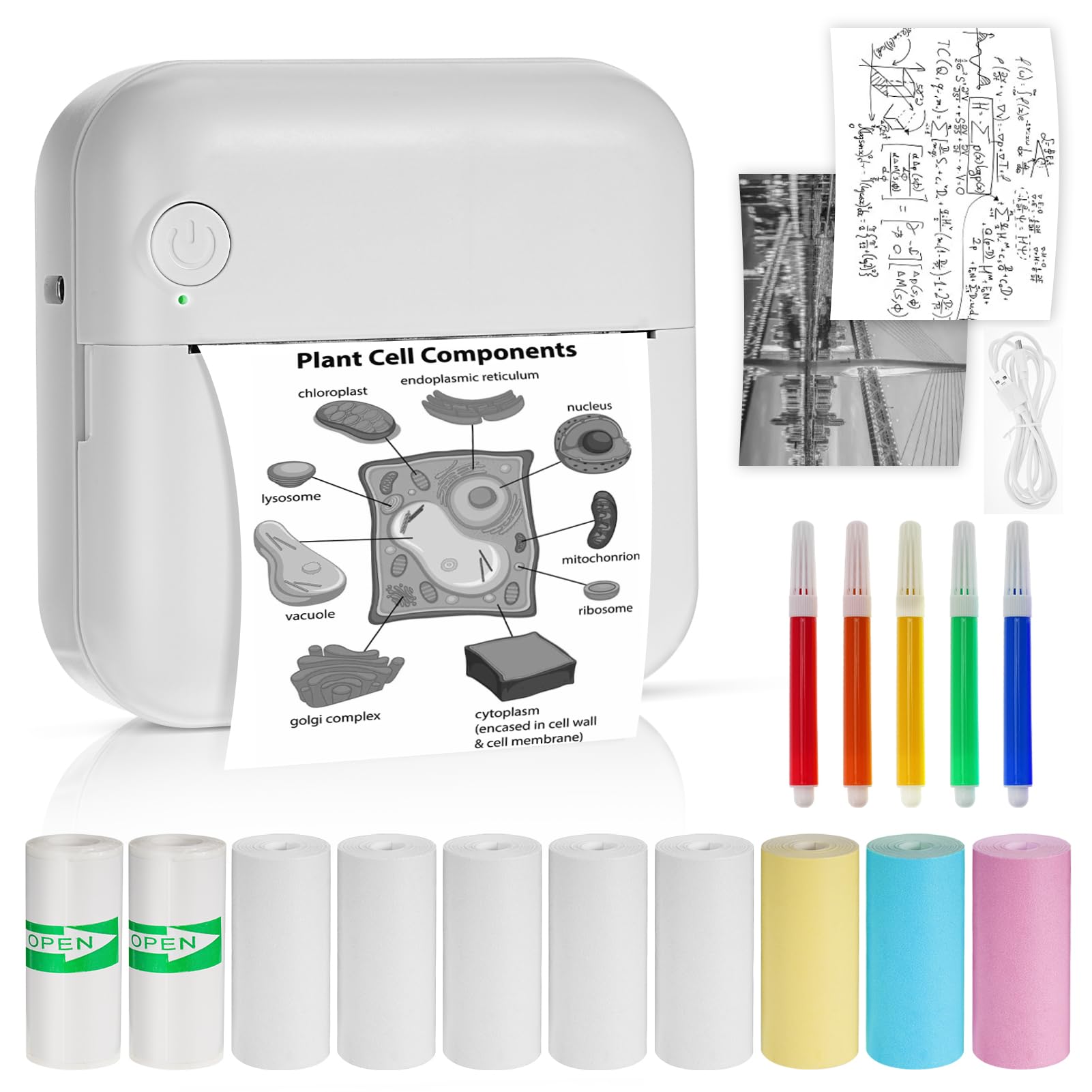 LINGSFIRE Mini Portable Bluetooth Thermal Printer - Wireless Inkless Pocket Printer with 10 Thermal Paper Rolls & 5 Pens for Photos, Notes, Memos | Perfect for Students, Journaling, Office Use & Travel Essentials