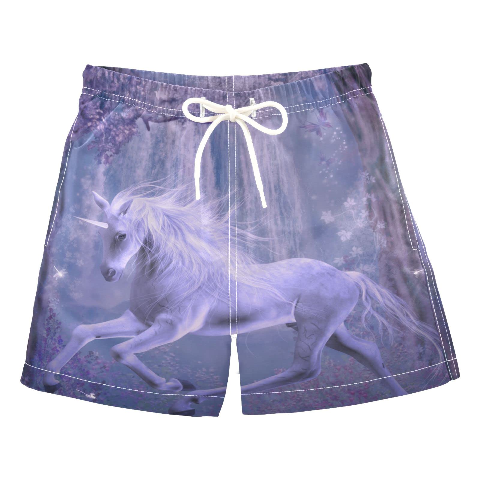 **Boys' Purple Unicorn Swim Trunks with Mesh Lining - Quick Dry Adjustable Waist Swim Shorts for Beach, Pool & Summer Fun**